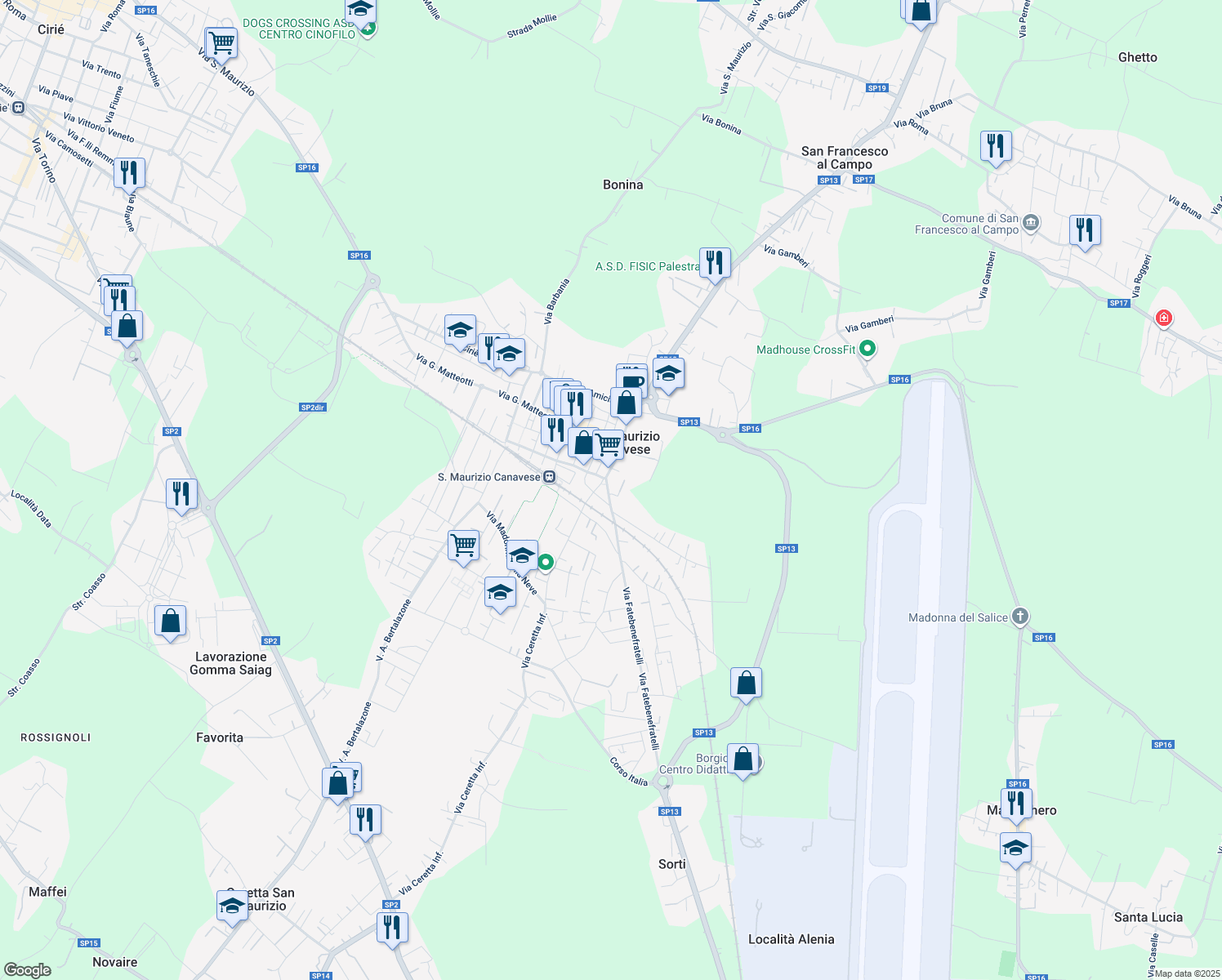 map of restaurants, bars, coffee shops, grocery stores, and more near 11 Via Fatebenefratelli in San Maurizio Canavese