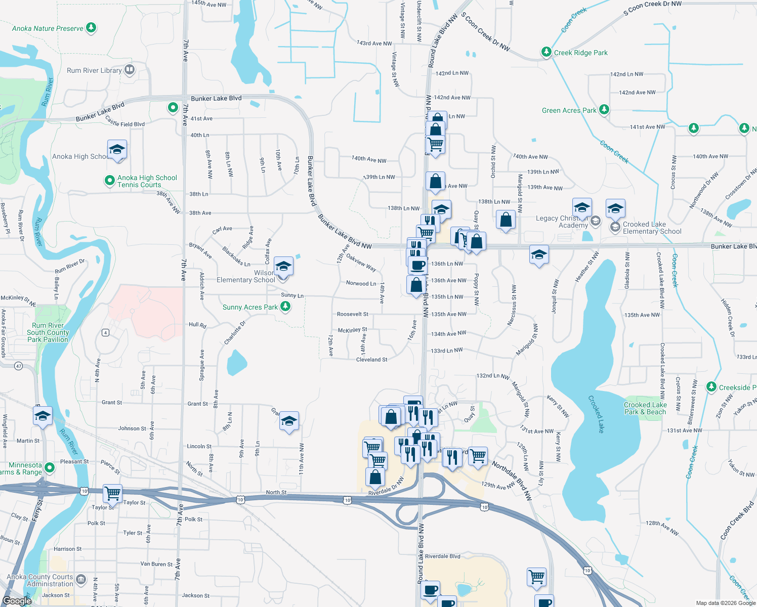 map of restaurants, bars, coffee shops, grocery stores, and more near 1334 Sunny Lane in Anoka