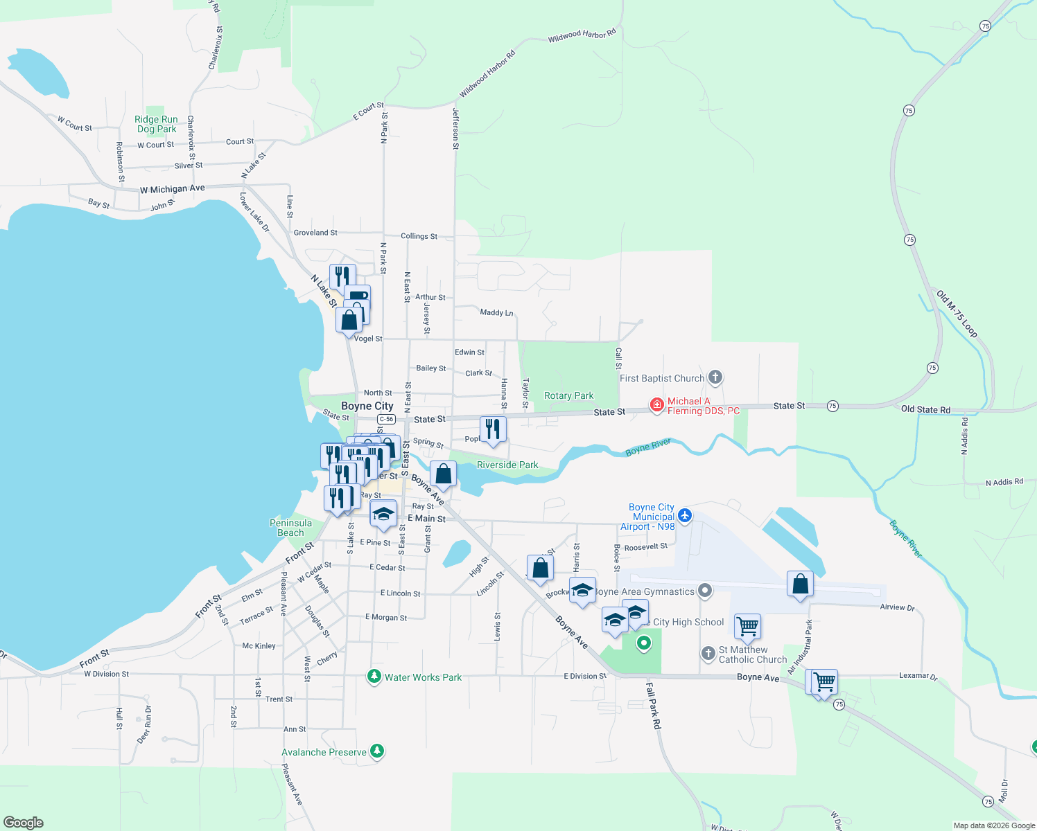 map of restaurants, bars, coffee shops, grocery stores, and more near 530 State Street in Boyne City