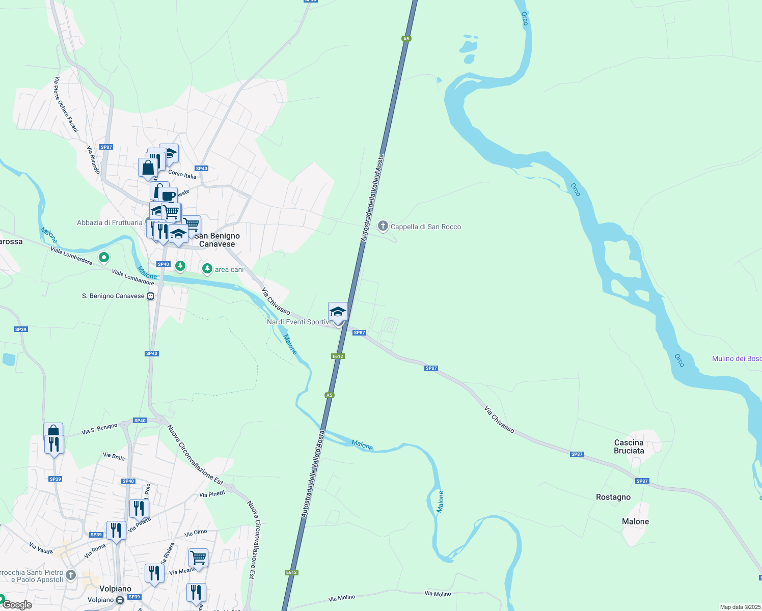 map of restaurants, bars, coffee shops, grocery stores, and more near 2 Via Majorana in Città Metropolitana di Torino