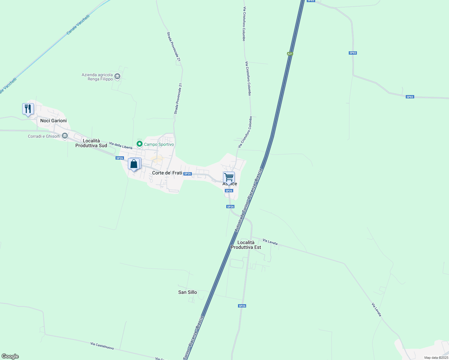 map of restaurants, bars, coffee shops, grocery stores, and more near 1 Vicolo Vittorio Alfieri in Corte De' Frati