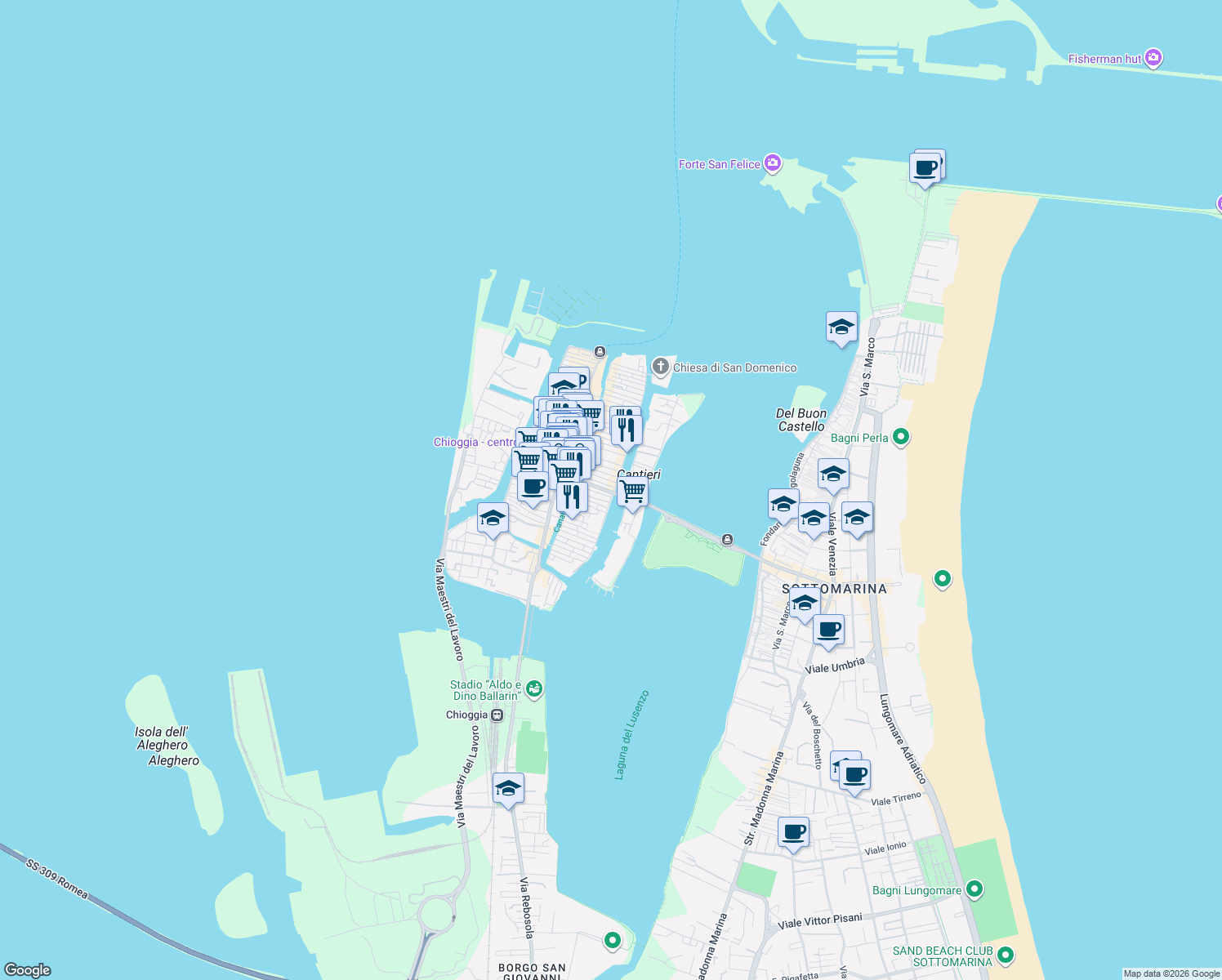 map of restaurants, bars, coffee shops, grocery stores, and more near 669 Calle Ponte San Giacomo in Chioggia