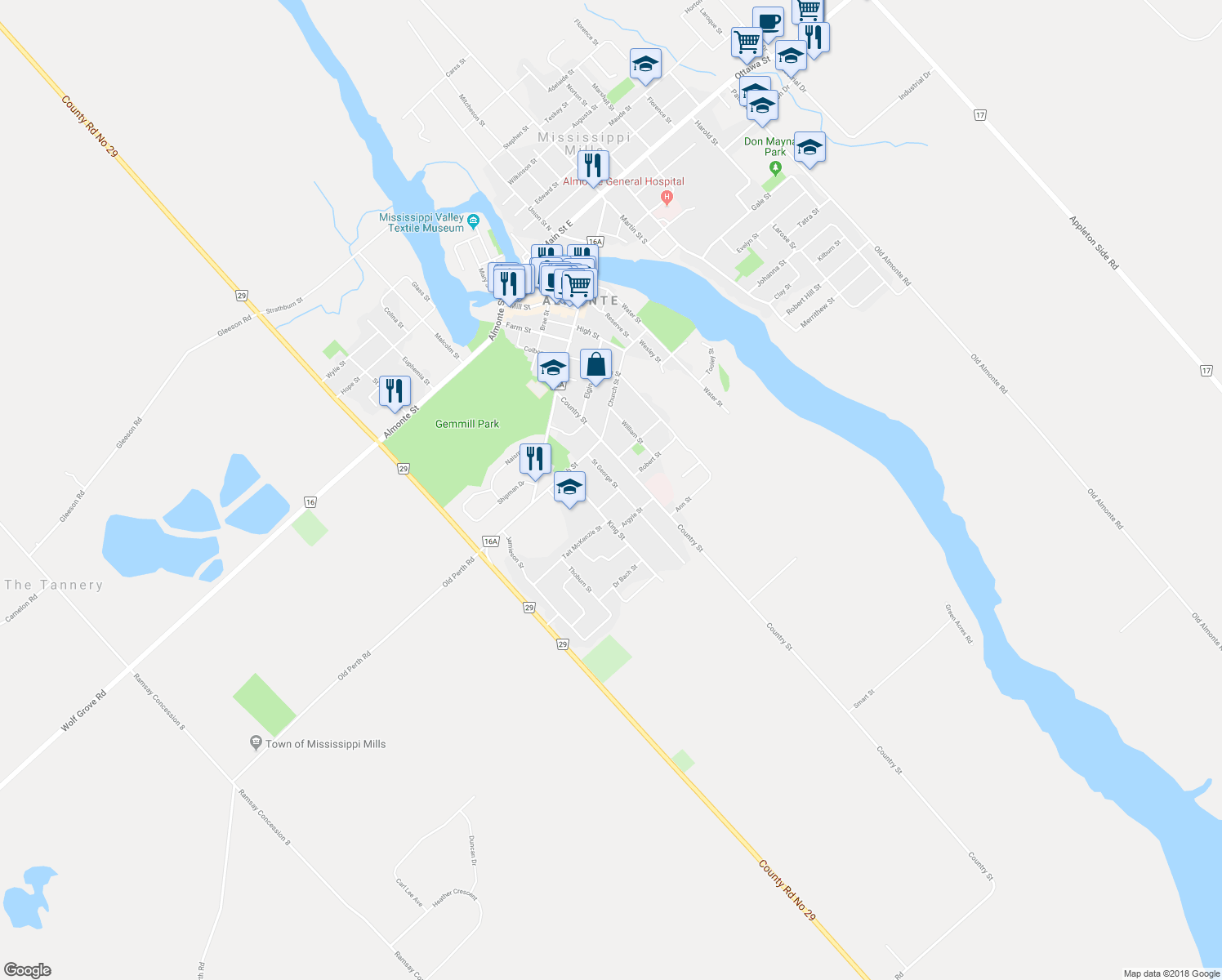 map of restaurants, bars, coffee shops, grocery stores, and more near 294 Saint George Street in Mississippi Mills