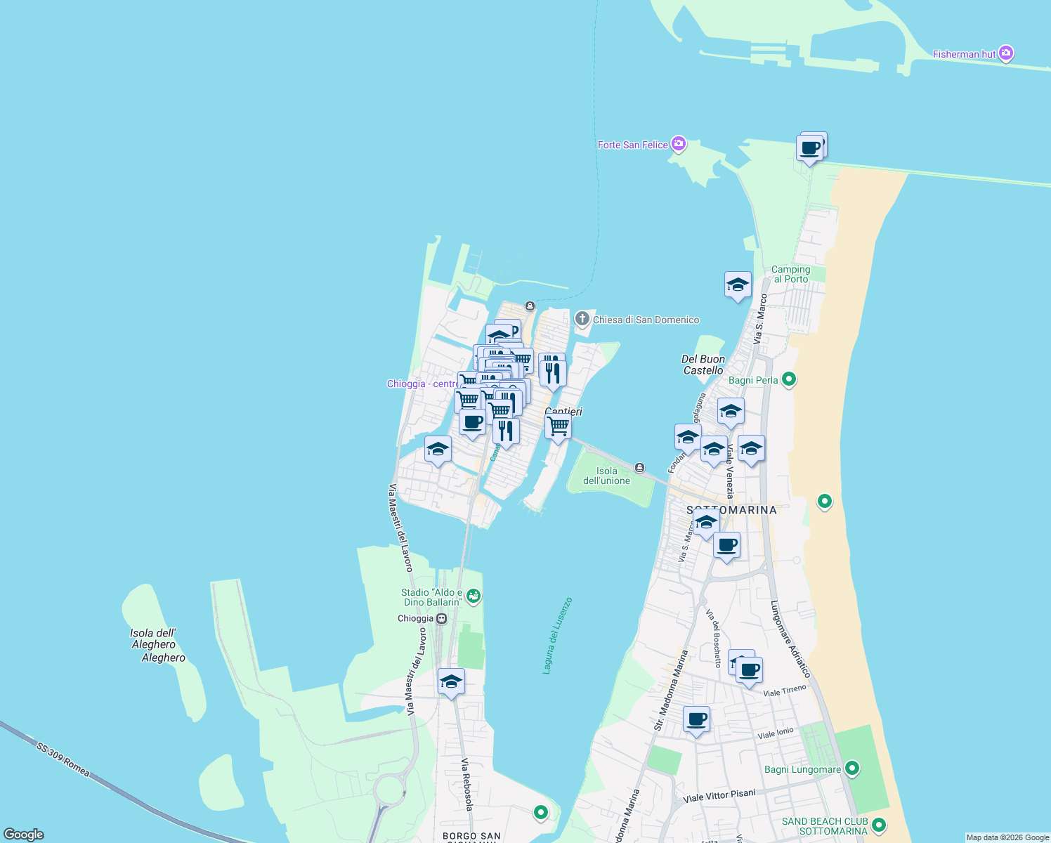 map of restaurants, bars, coffee shops, grocery stores, and more near 669 Calle Ponte San Giacomo in Chioggia