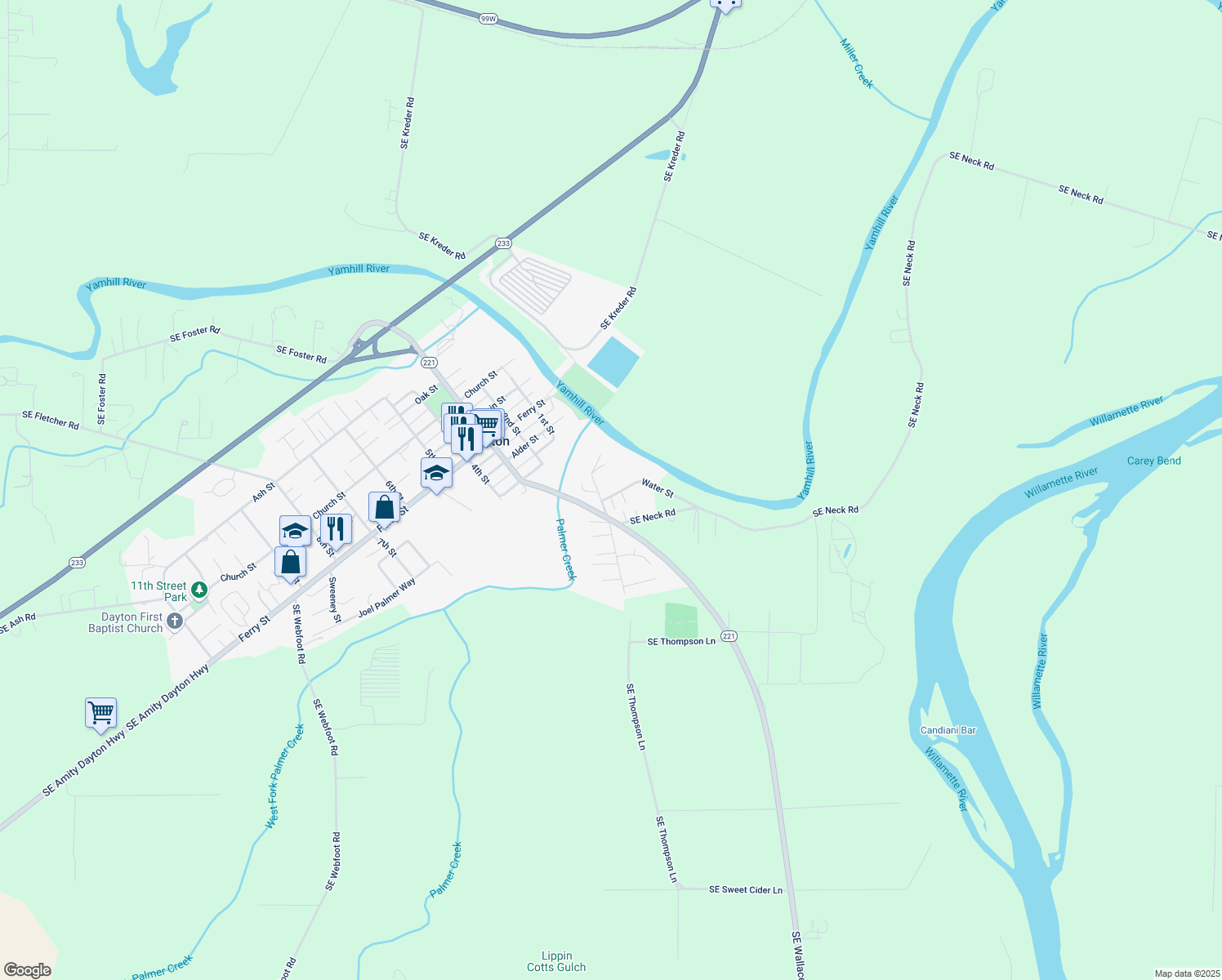 map of restaurants, bars, coffee shops, grocery stores, and more near 713 Water Street in Dayton