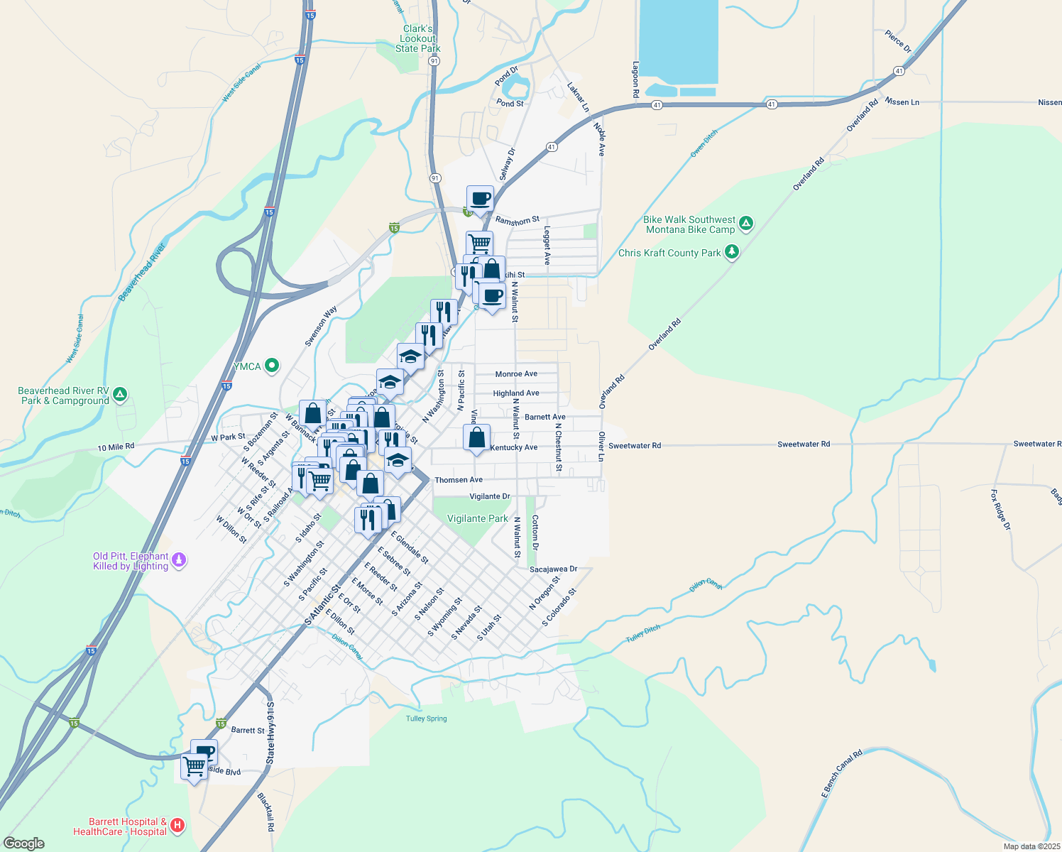 map of restaurants, bars, coffee shops, grocery stores, and more near 630 Barnett Ave in Dillon