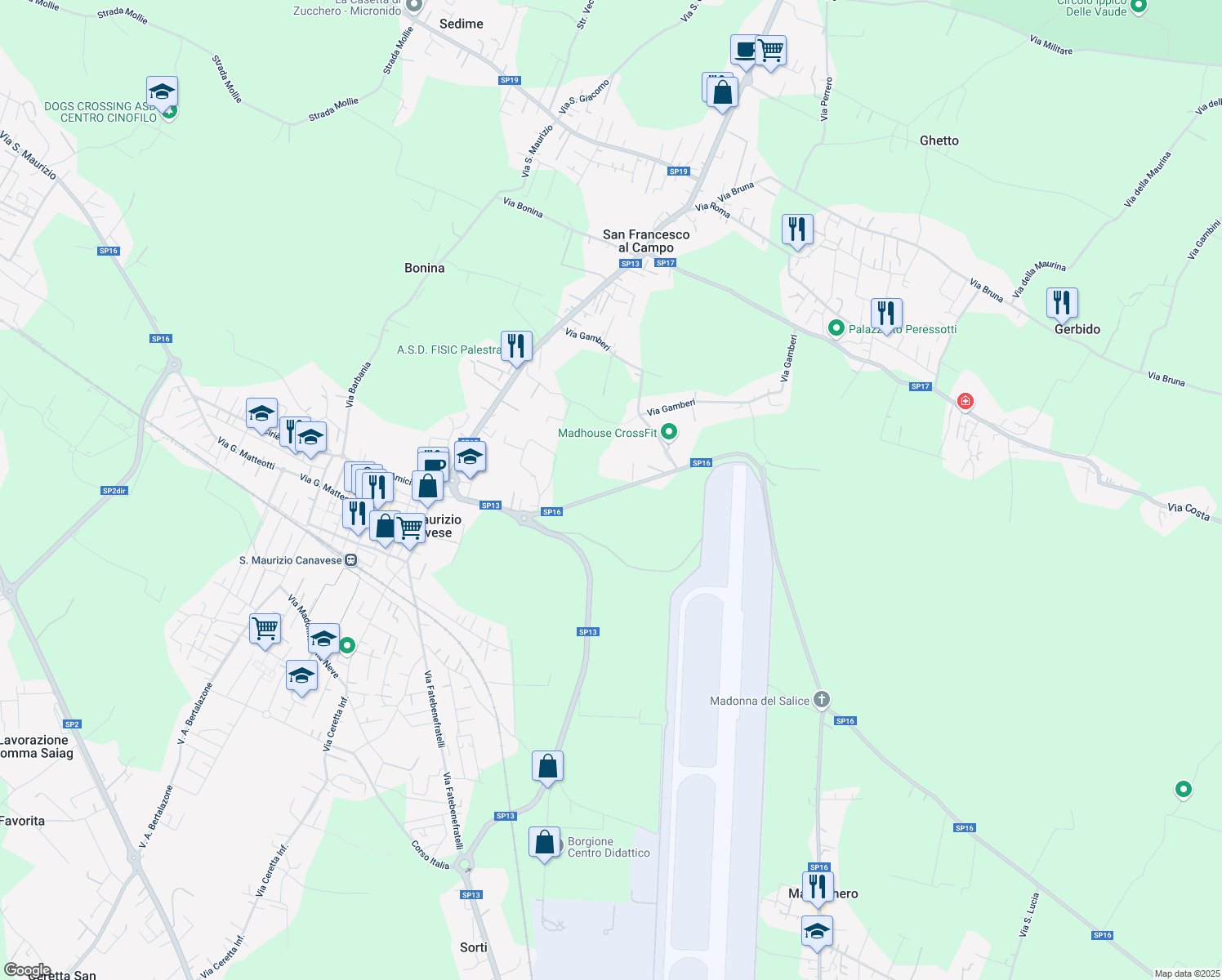 map of restaurants, bars, coffee shops, grocery stores, and more near 7 Via Leinì in Città Metropolitana di Torino