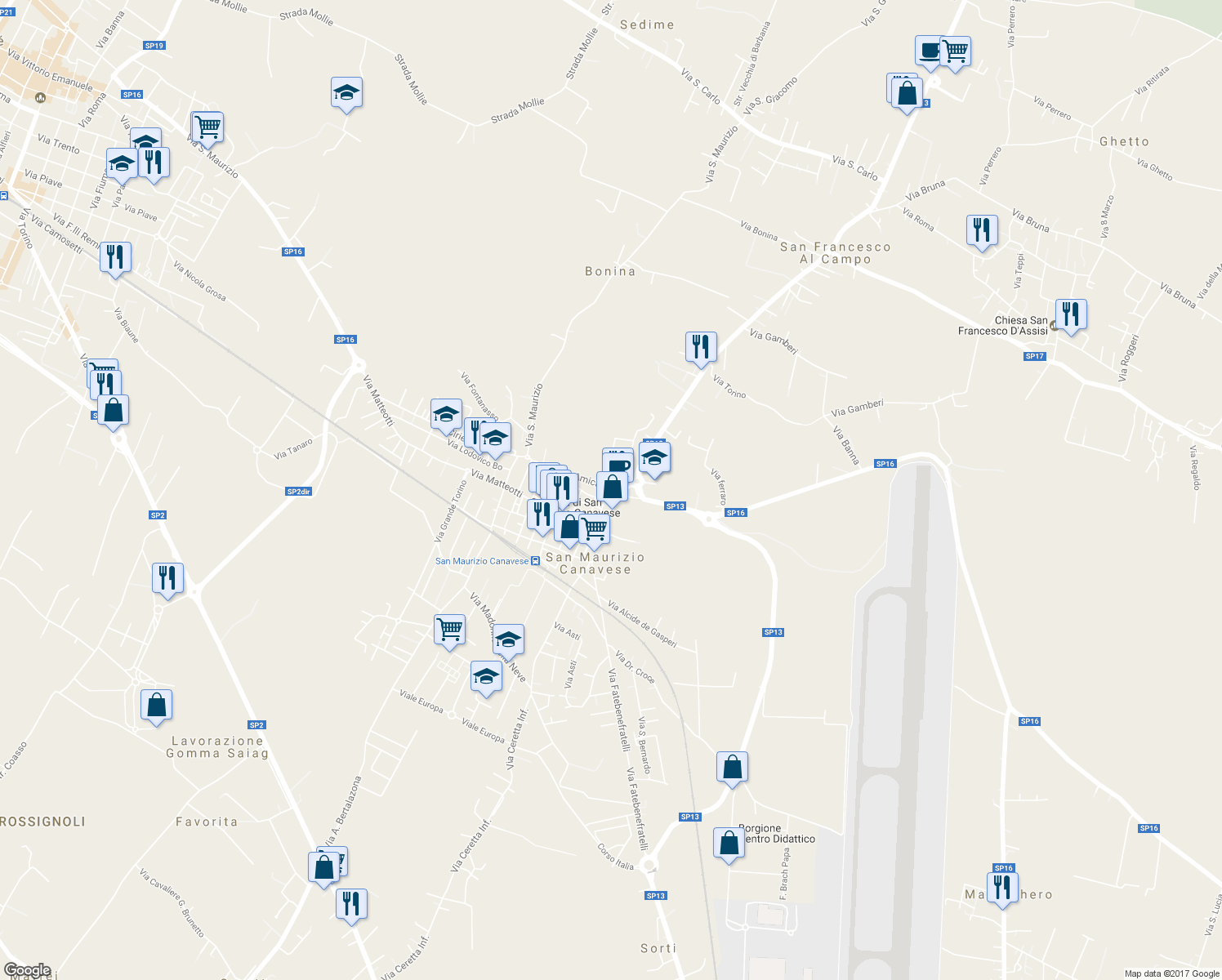 map of restaurants, bars, coffee shops, grocery stores, and more near 30 Via de Amicis in San Maurizio Canavese