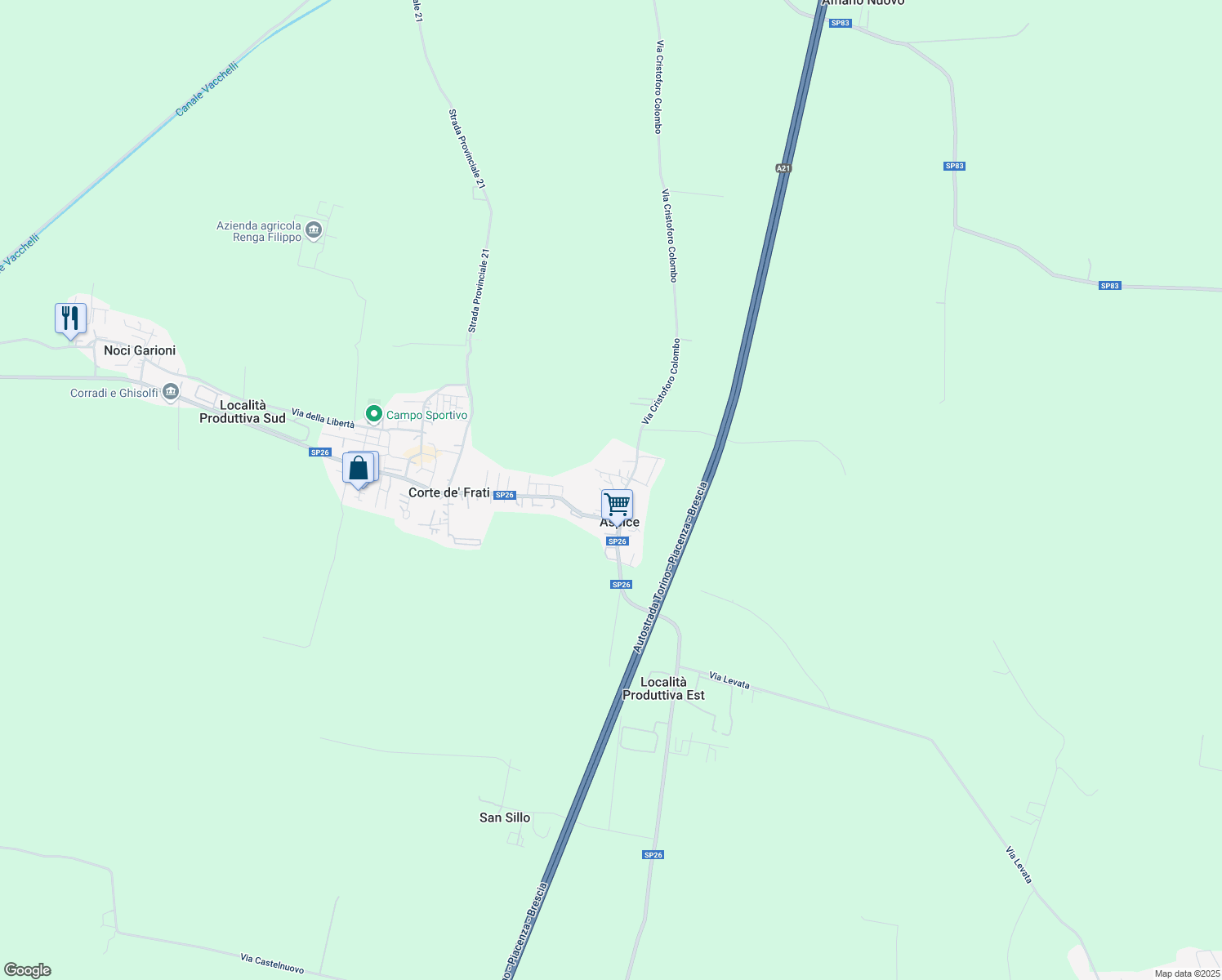 map of restaurants, bars, coffee shops, grocery stores, and more near 1 Vicolo Vittorio Alfieri in Corte De' Frati