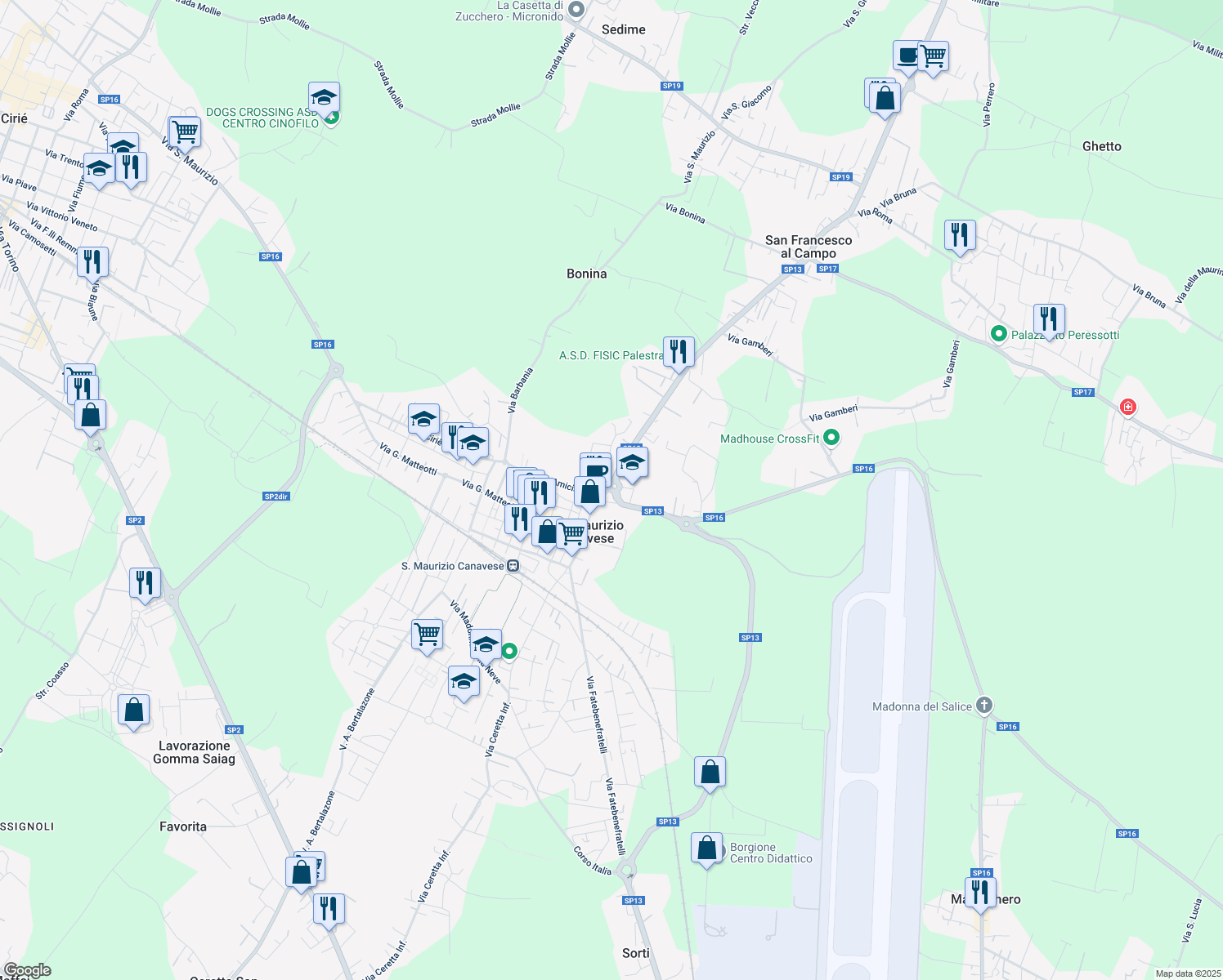 map of restaurants, bars, coffee shops, grocery stores, and more near 30 Via de Amicis in San Maurizio Canavese