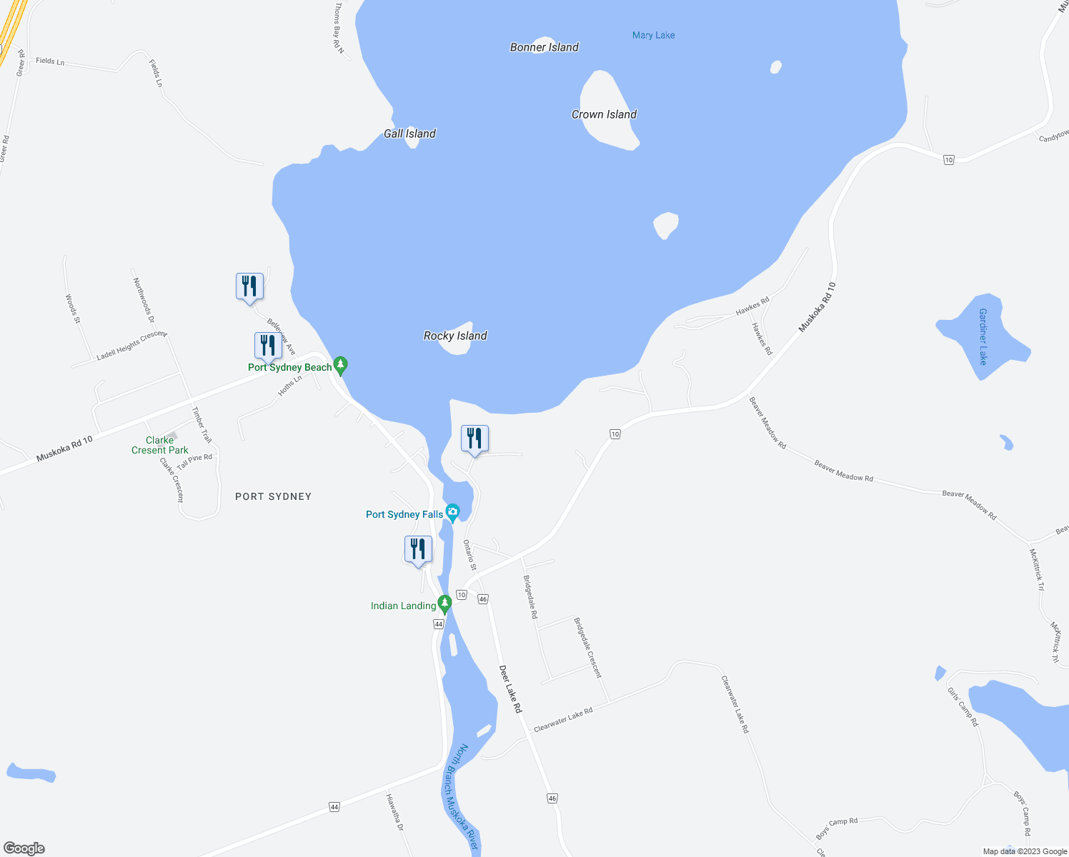 map of restaurants, bars, coffee shops, grocery stores, and more near 1010 Muskoka District Road 10 in Huntsville