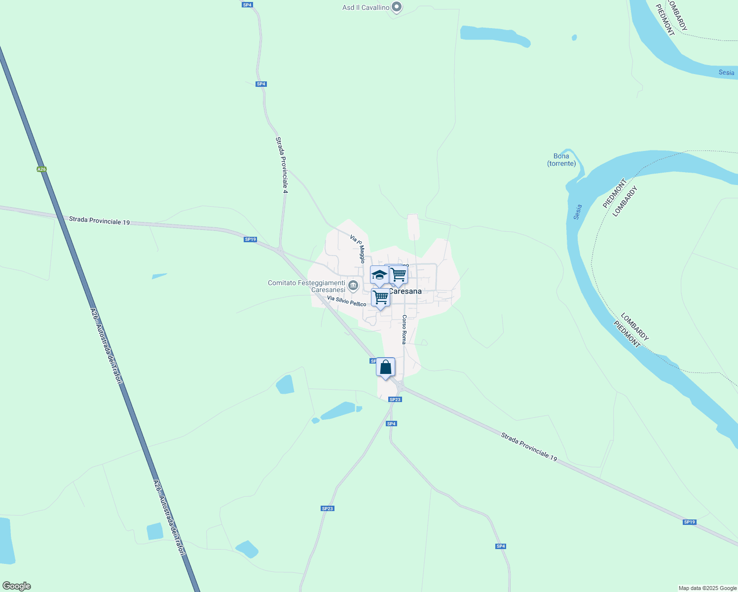 map of restaurants, bars, coffee shops, grocery stores, and more near 54 Corso Italia in Caresana