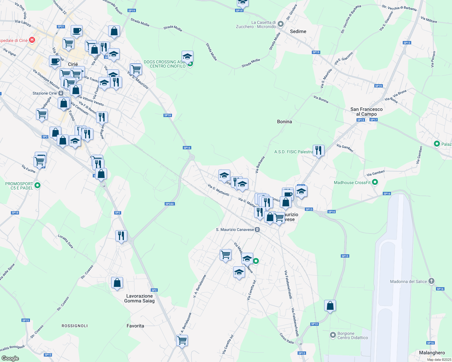 map of restaurants, bars, coffee shops, grocery stores, and more near 50 Via Ciriè in San Maurizio Canavese