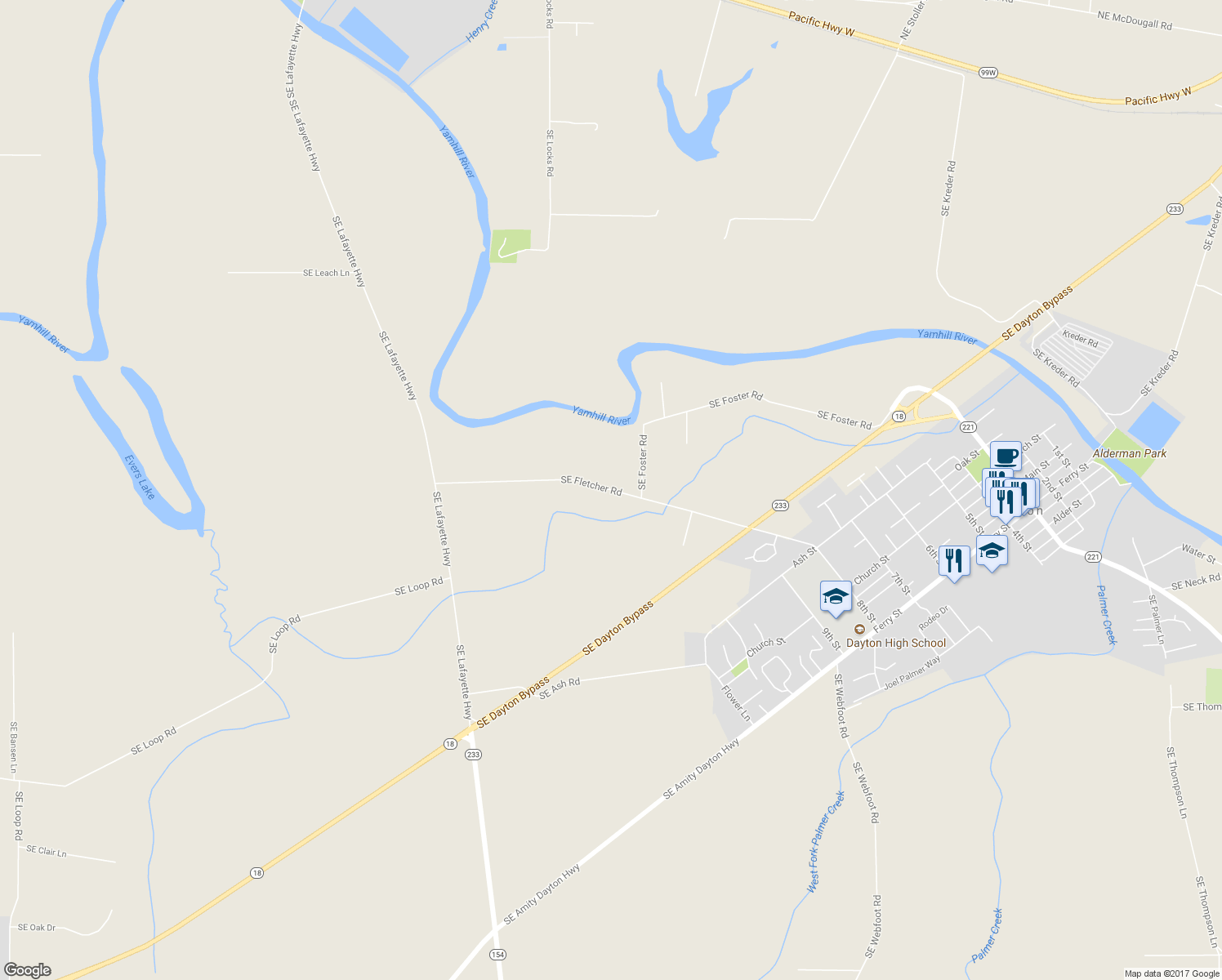 map of restaurants, bars, coffee shops, grocery stores, and more near Southeast Fletcher Road in Dayton