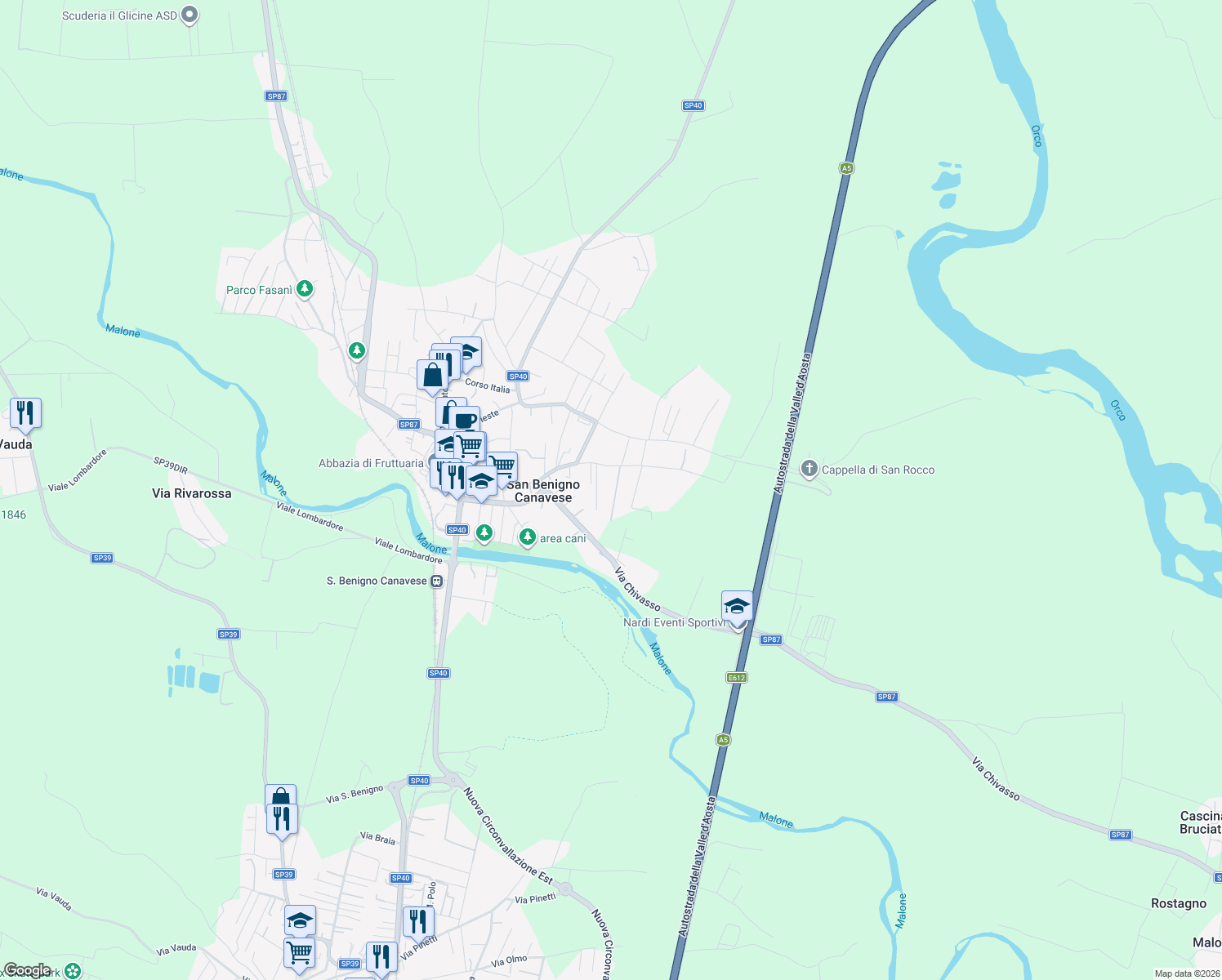 map of restaurants, bars, coffee shops, grocery stores, and more near 12 Via Olivetti in San Benigno Canavese