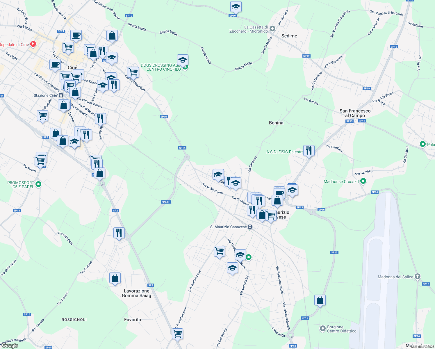 map of restaurants, bars, coffee shops, grocery stores, and more near 50 Via Ciriè in San Maurizio Canavese