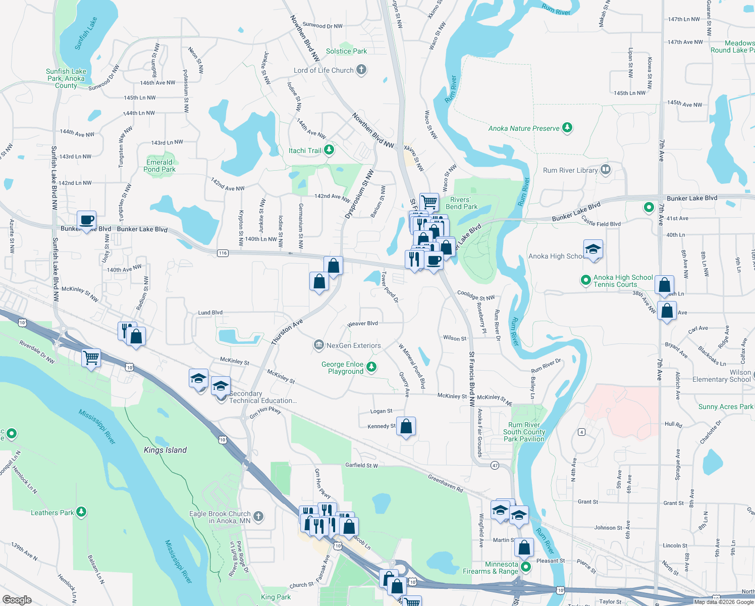 map of restaurants, bars, coffee shops, grocery stores, and more near 3748 Edith Patch Dr in Anoka