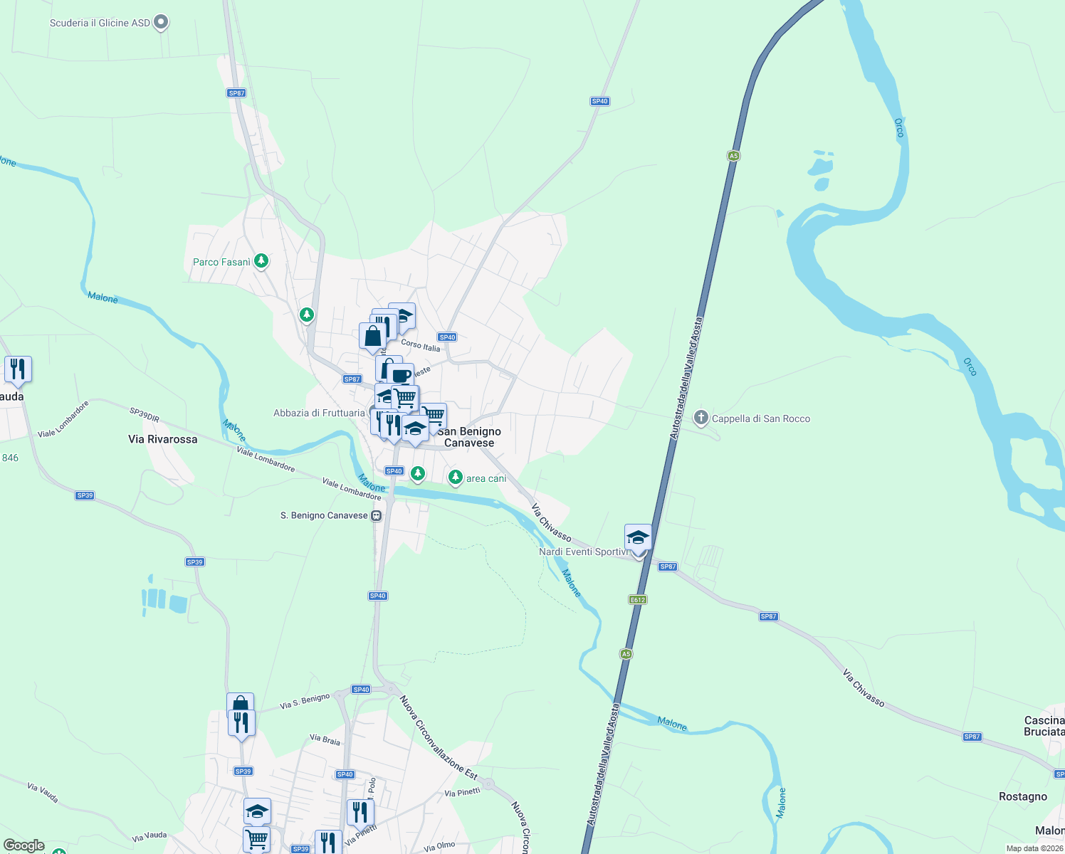 map of restaurants, bars, coffee shops, grocery stores, and more near 12 Via Olivetti in San Benigno Canavese