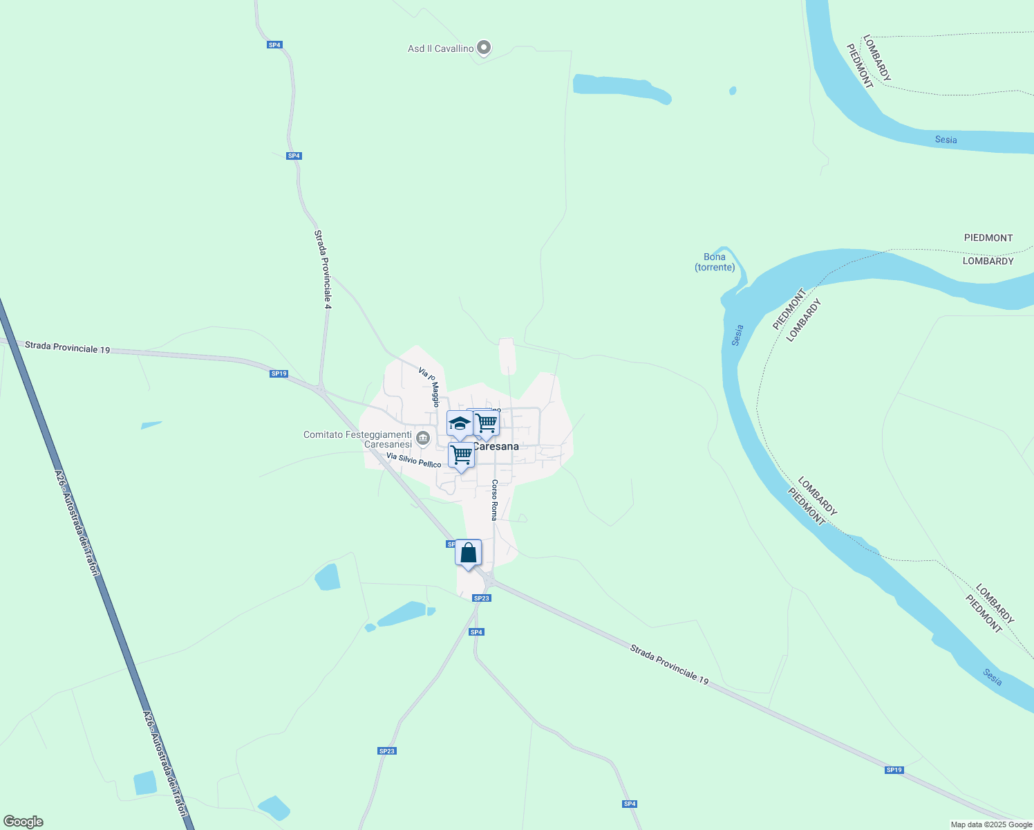 map of restaurants, bars, coffee shops, grocery stores, and more near 65 Via Molino in Caresana