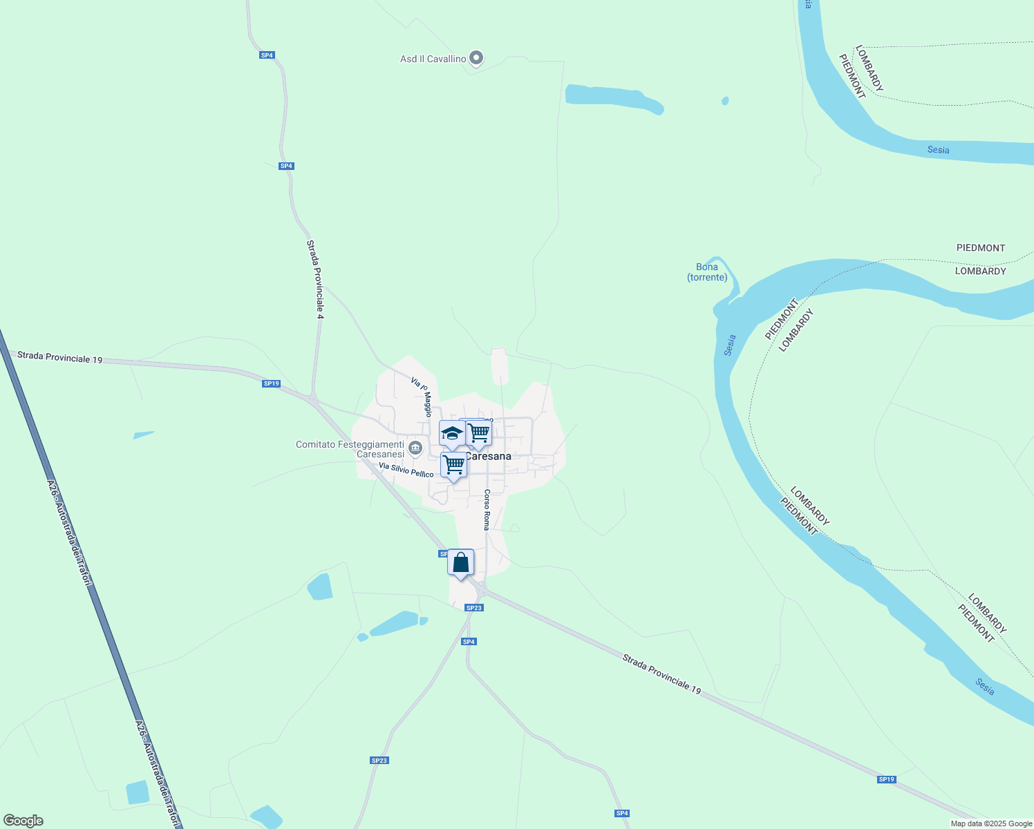 map of restaurants, bars, coffee shops, grocery stores, and more near 65 Via Molino in Caresana