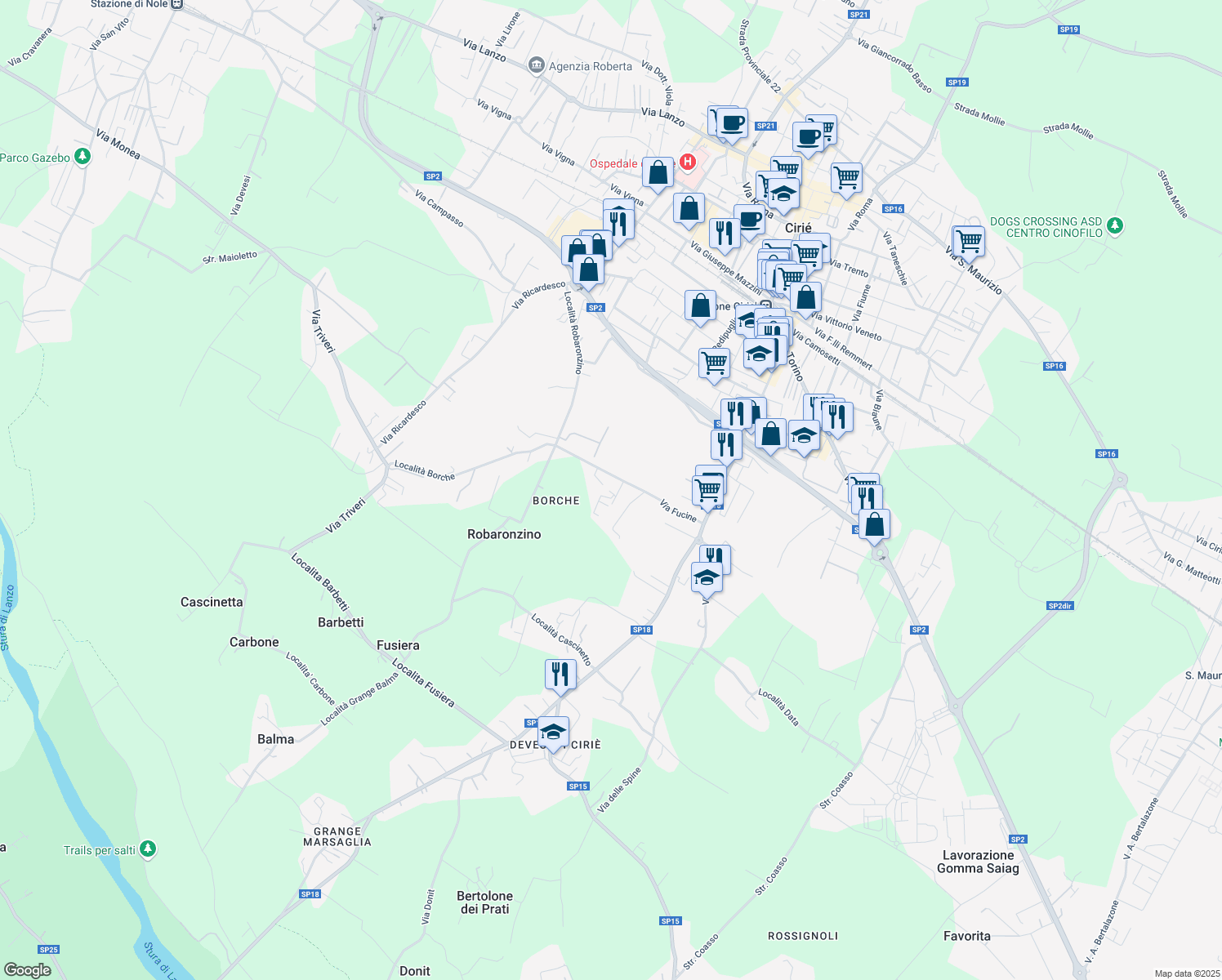 map of restaurants, bars, coffee shops, grocery stores, and more near 5 Via Fucine in Ciriè