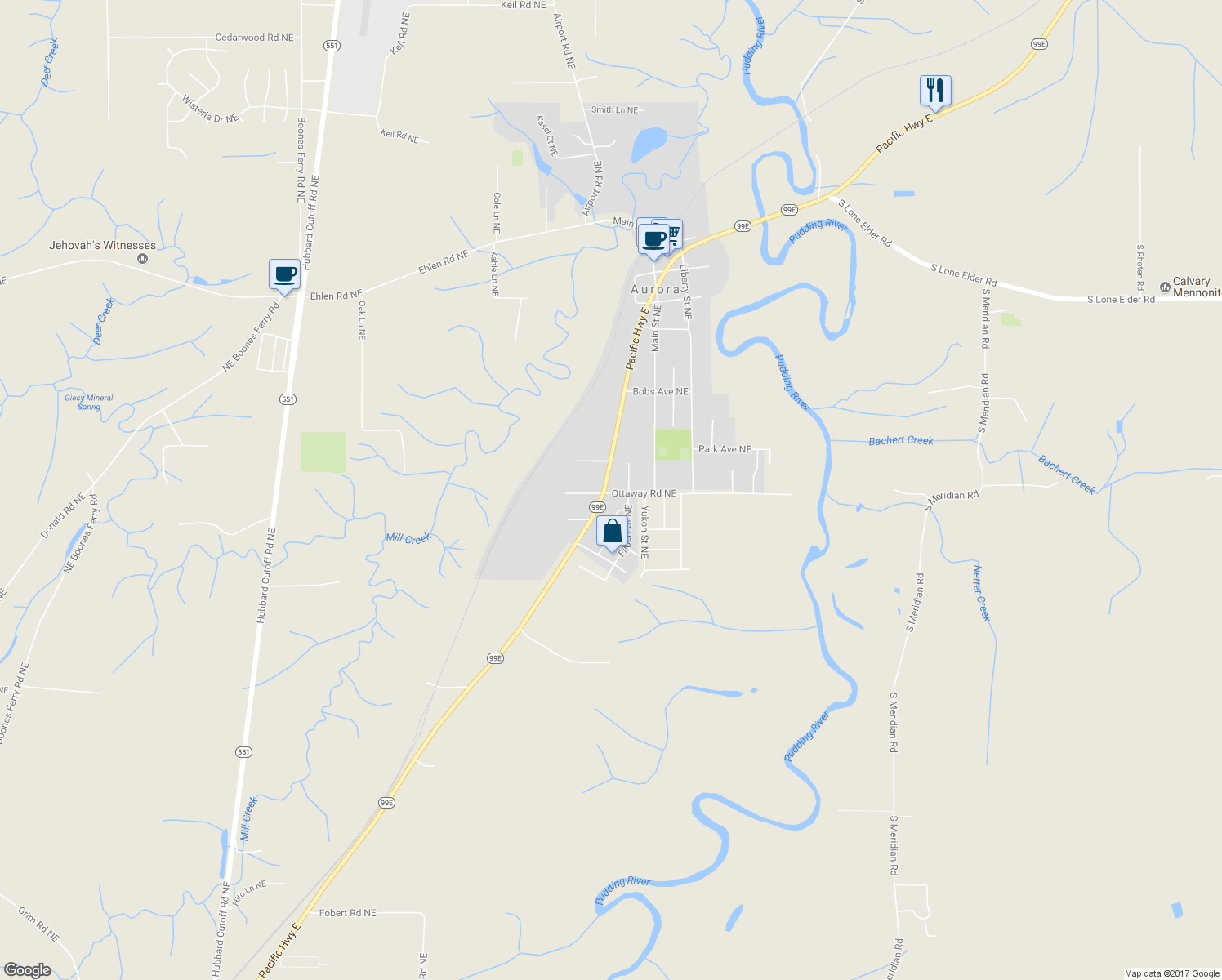 map of restaurants, bars, coffee shops, grocery stores, and more near 21018 Oregon 99E in Aurora