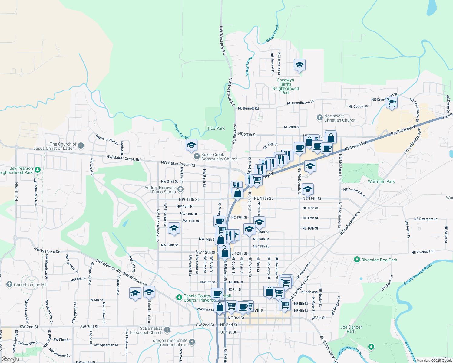 map of restaurants, bars, coffee shops, grocery stores, and more near 2105 Northeast Baker Street in McMinnville