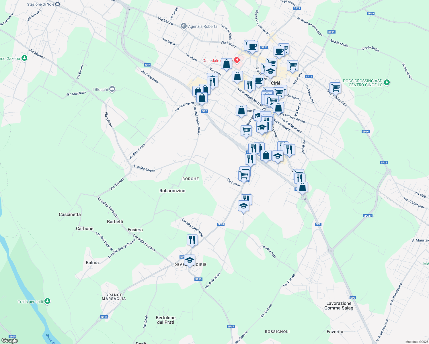 map of restaurants, bars, coffee shops, grocery stores, and more near 5 Via Fucine in Ciriè