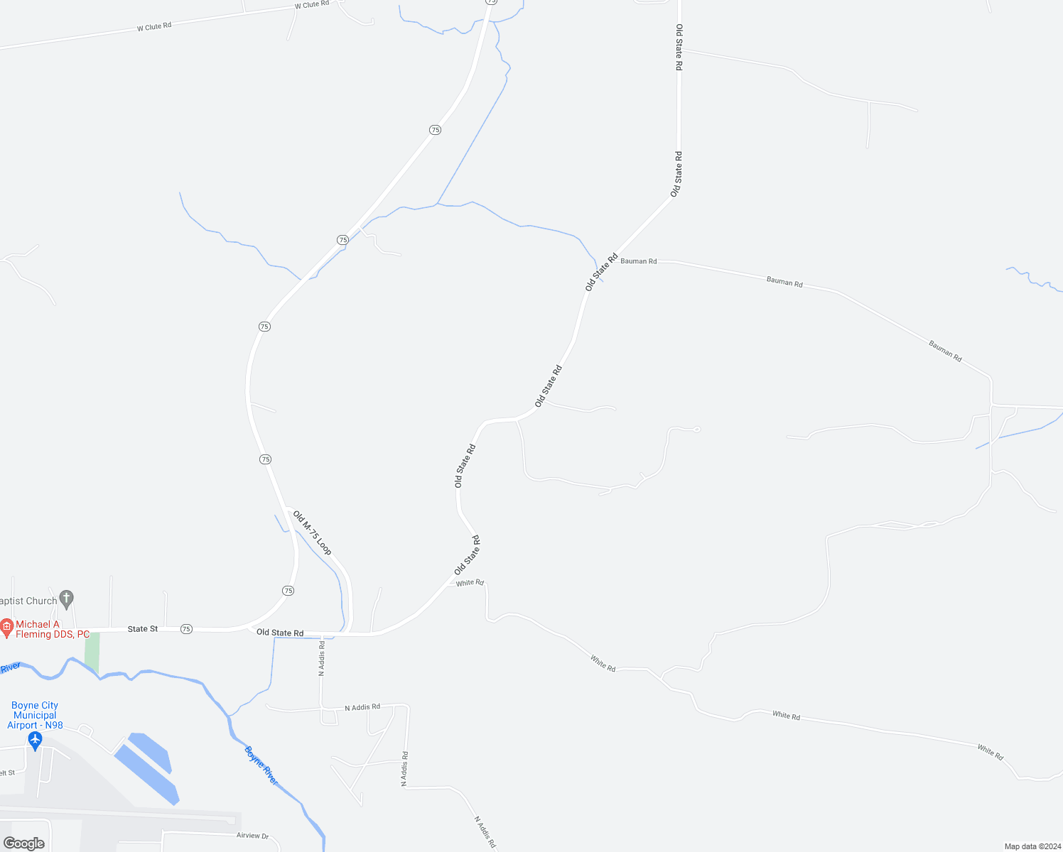 map of restaurants, bars, coffee shops, grocery stores, and more near 1332 Old State Road in Boyne City