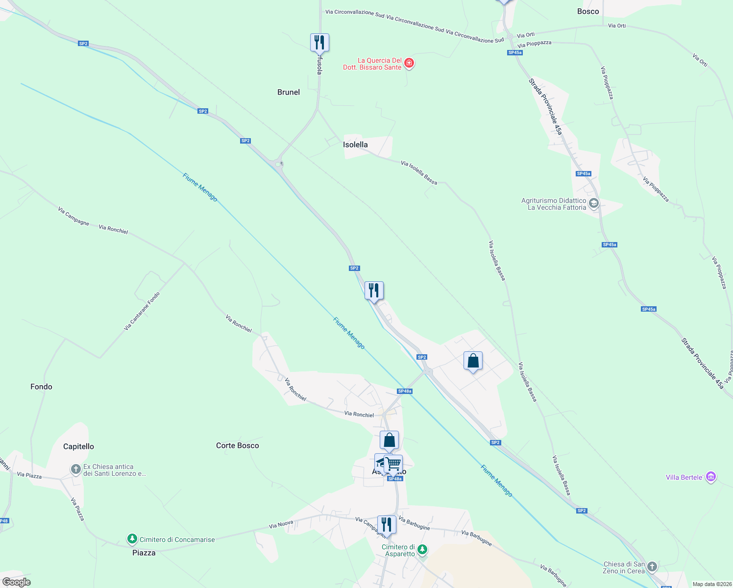 map of restaurants, bars, coffee shops, grocery stores, and more near 131 Via Isolella San P. in Asparetto