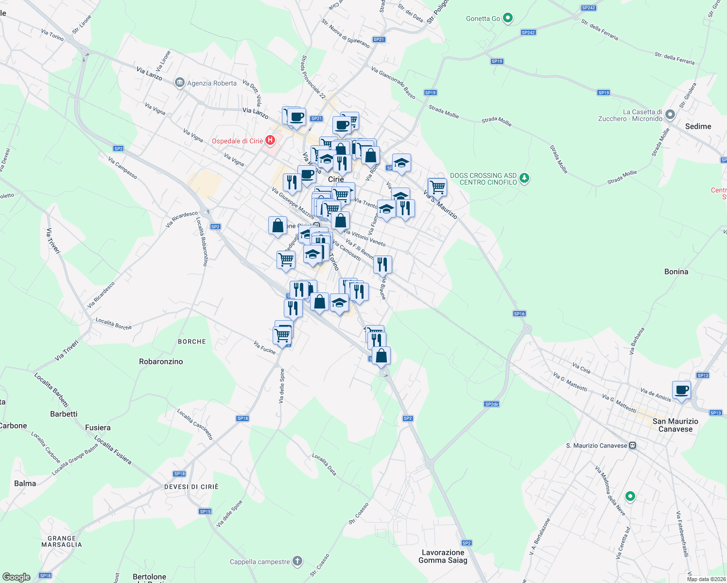 map of restaurants, bars, coffee shops, grocery stores, and more near 1 Via Gen. Zaffiri in Ciriè