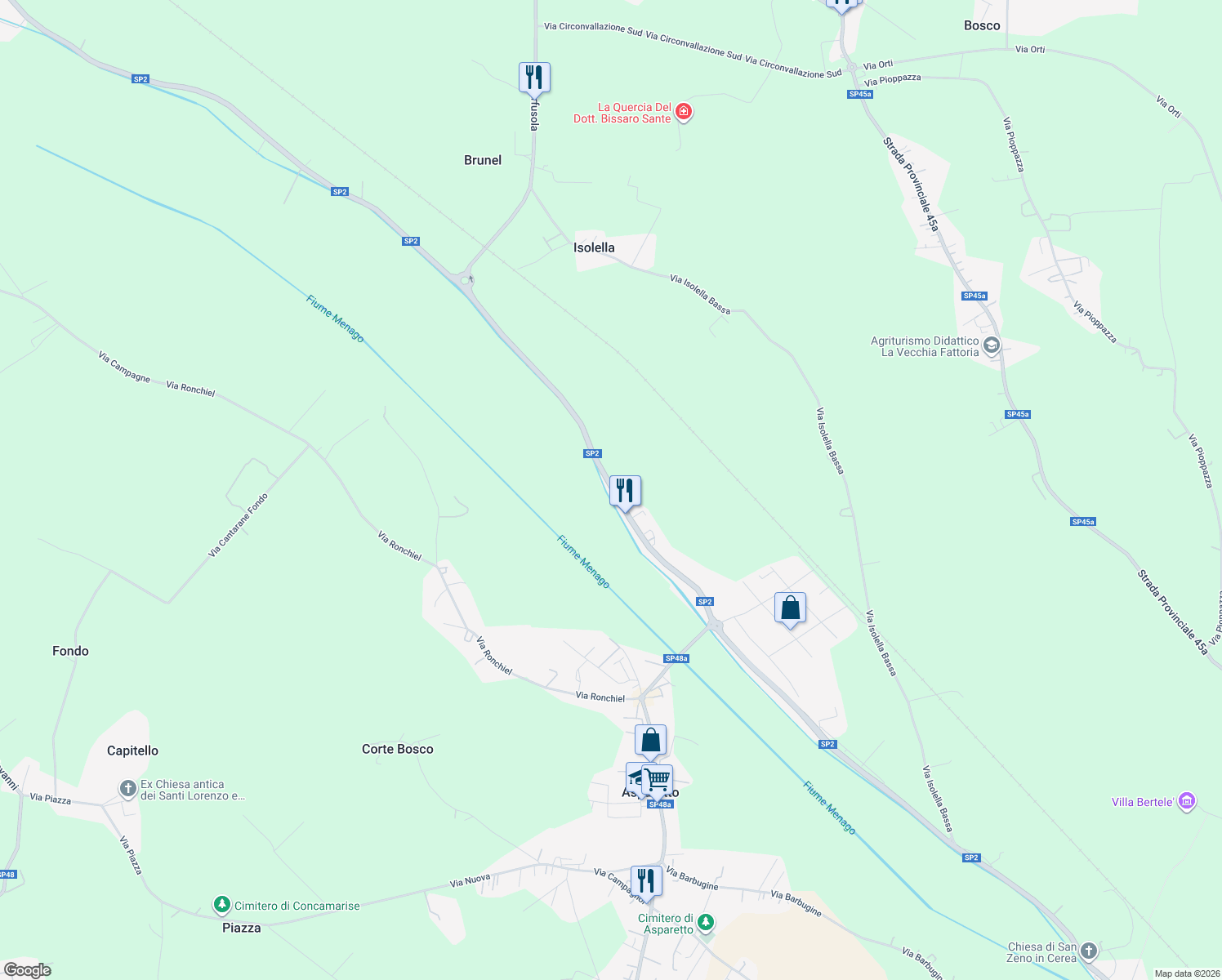 map of restaurants, bars, coffee shops, grocery stores, and more near 131 Via Isolella San P. in Asparetto