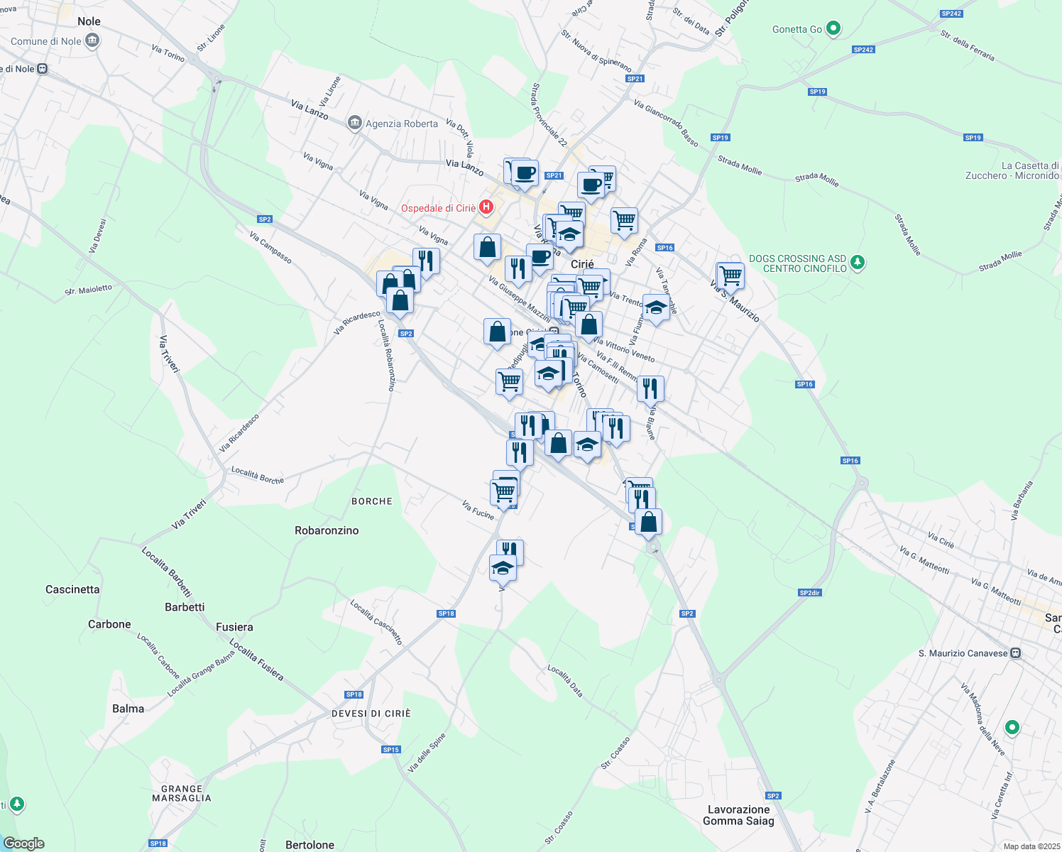 map of restaurants, bars, coffee shops, grocery stores, and more near Via Maria Montessori in Ciriè