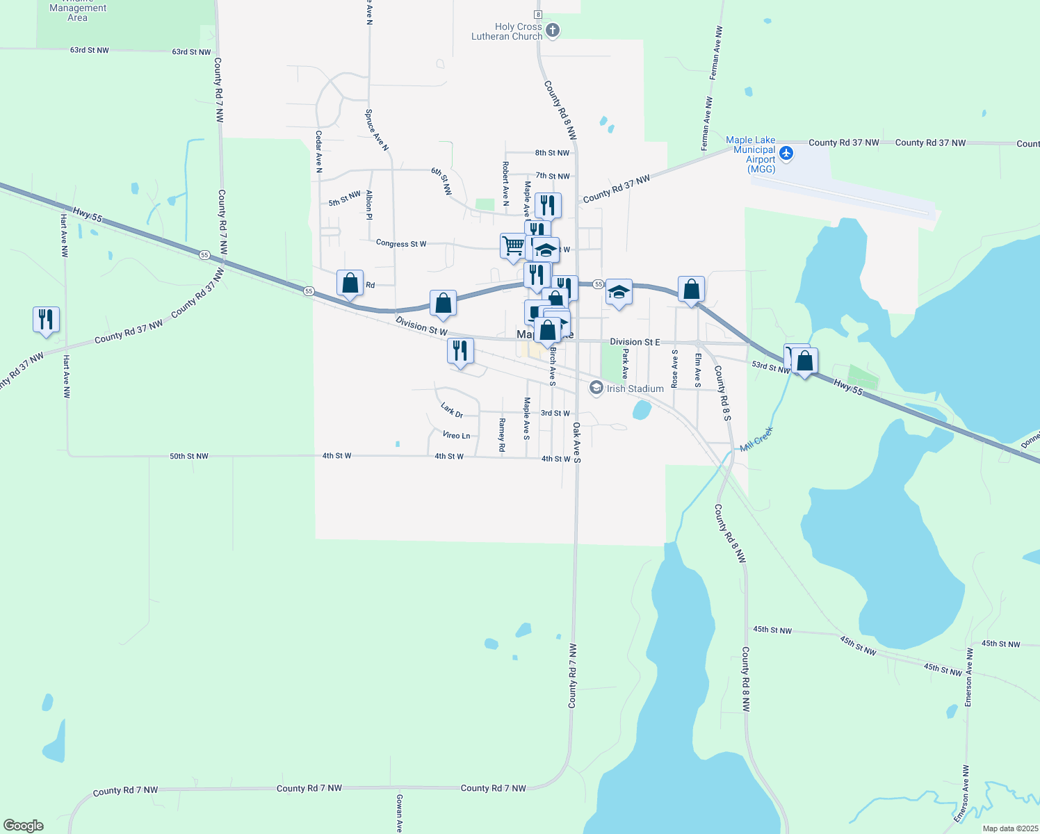 map of restaurants, bars, coffee shops, grocery stores, and more near 302 Maple Ave S in Maple Lake
