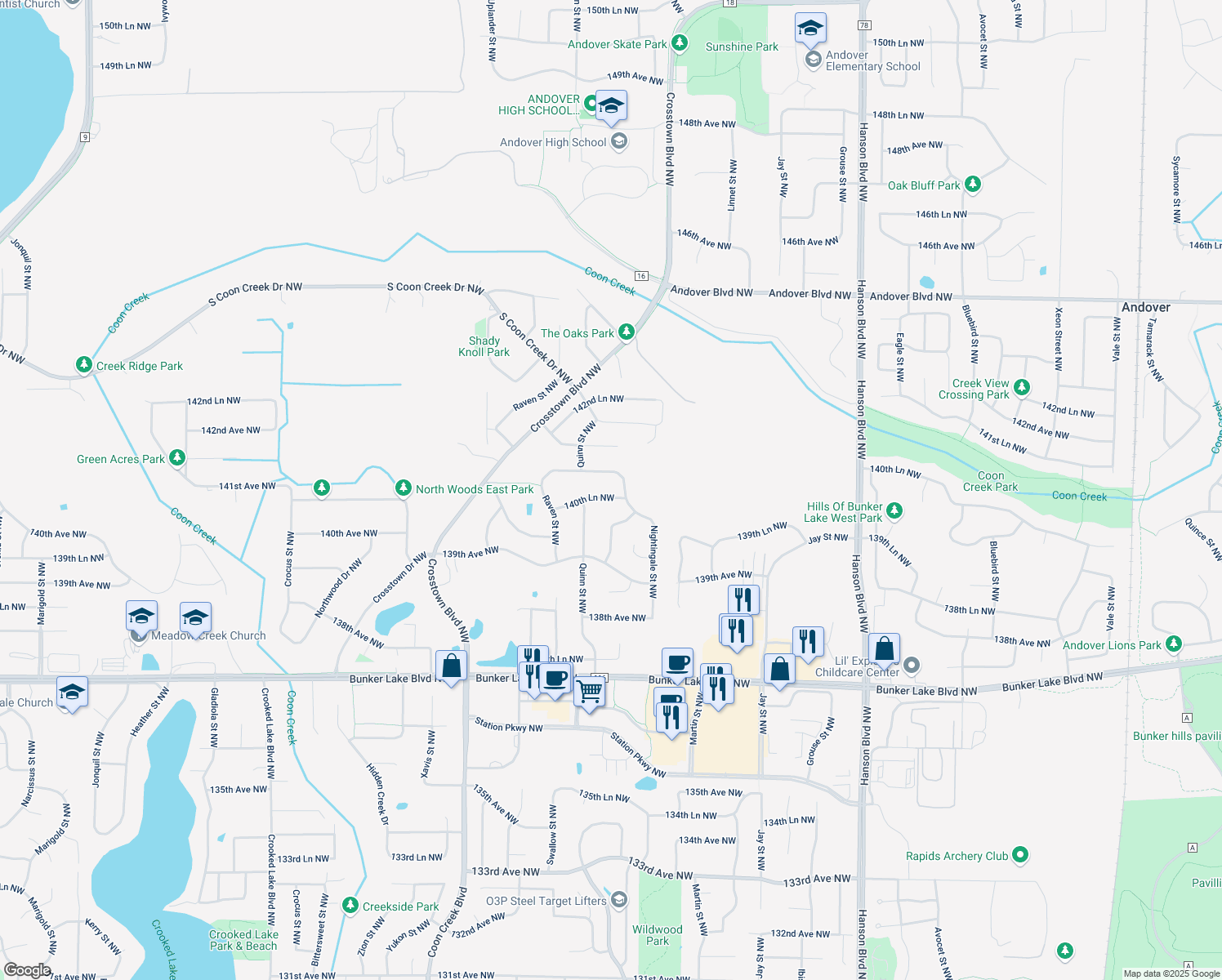 map of restaurants, bars, coffee shops, grocery stores, and more near 2111 140th Lane Northwest in Andover