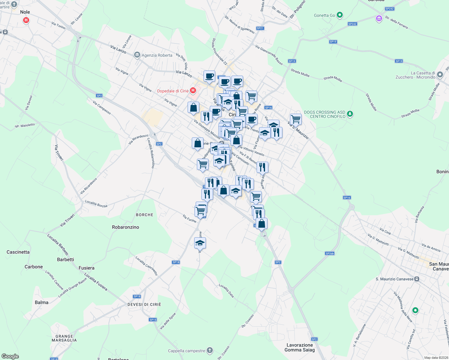 map of restaurants, bars, coffee shops, grocery stores, and more near 14-15 Via Giosuè Carducci in Ciriè