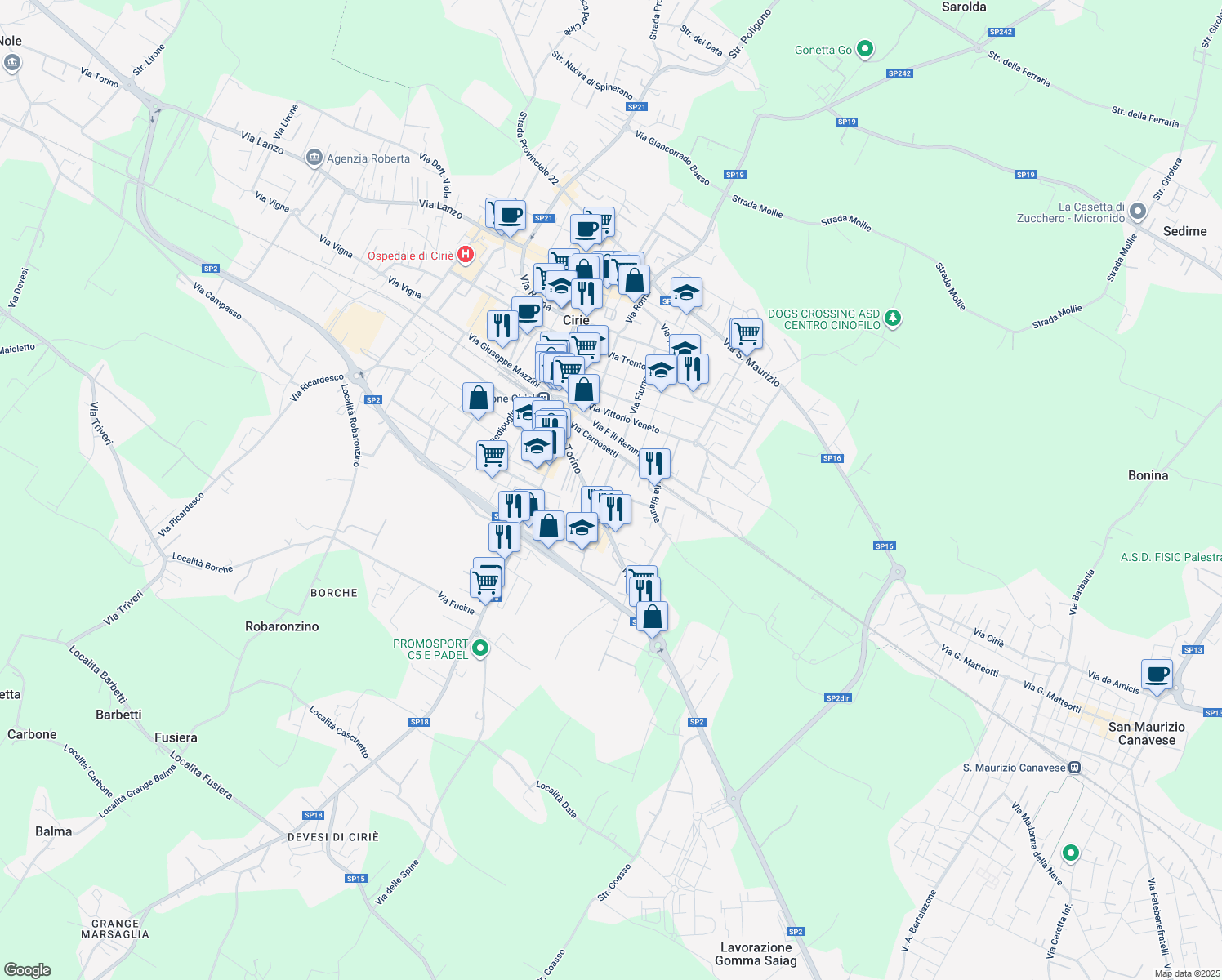 map of restaurants, bars, coffee shops, grocery stores, and more near 1 Via Generale Biagio Zaffiri in Ciriè