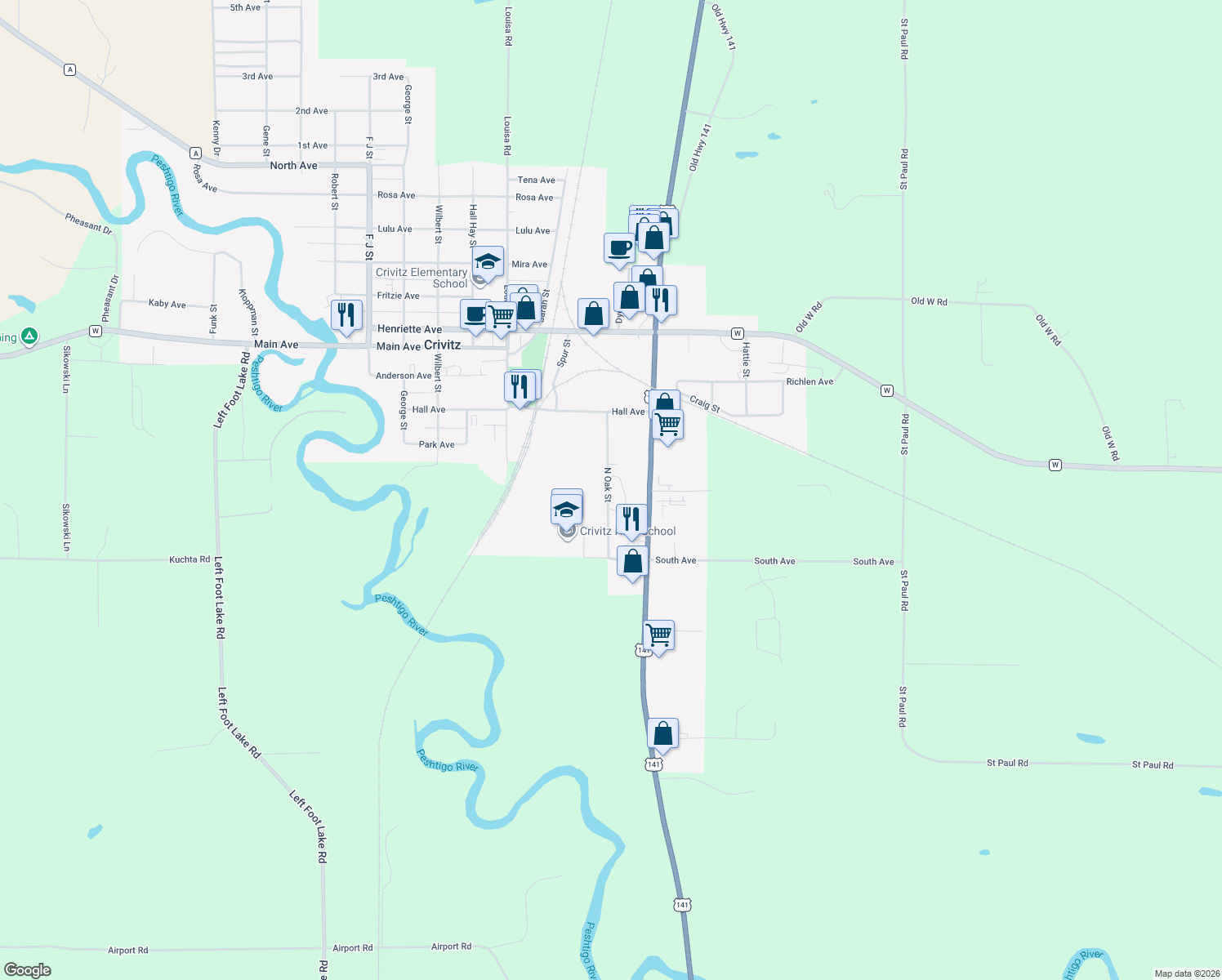 map of restaurants, bars, coffee shops, grocery stores, and more near 210 North Oak Street in Crivitz