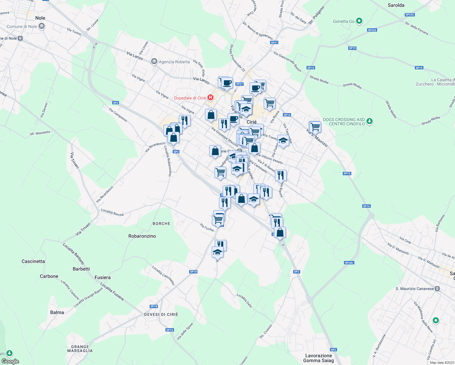 map of restaurants, bars, coffee shops, grocery stores, and more near Via Maria Montessori in Ciriè