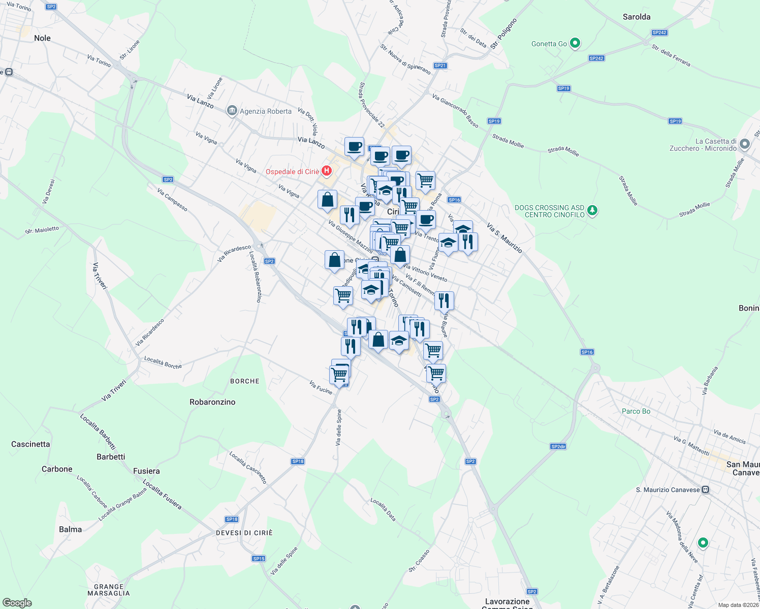 map of restaurants, bars, coffee shops, grocery stores, and more near 26 Via Giacomo Leopardi in Ciriè