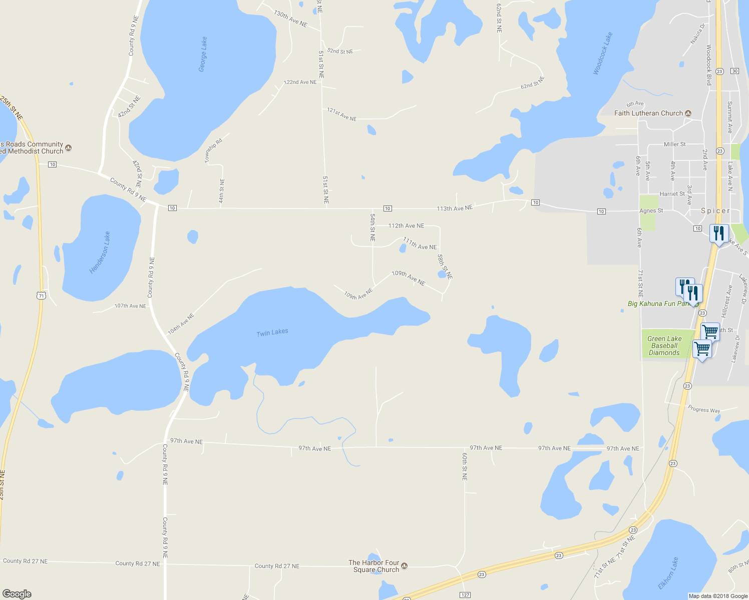 map of restaurants, bars, coffee shops, grocery stores, and more near 5293 109th Avenue Northeast in Spicer