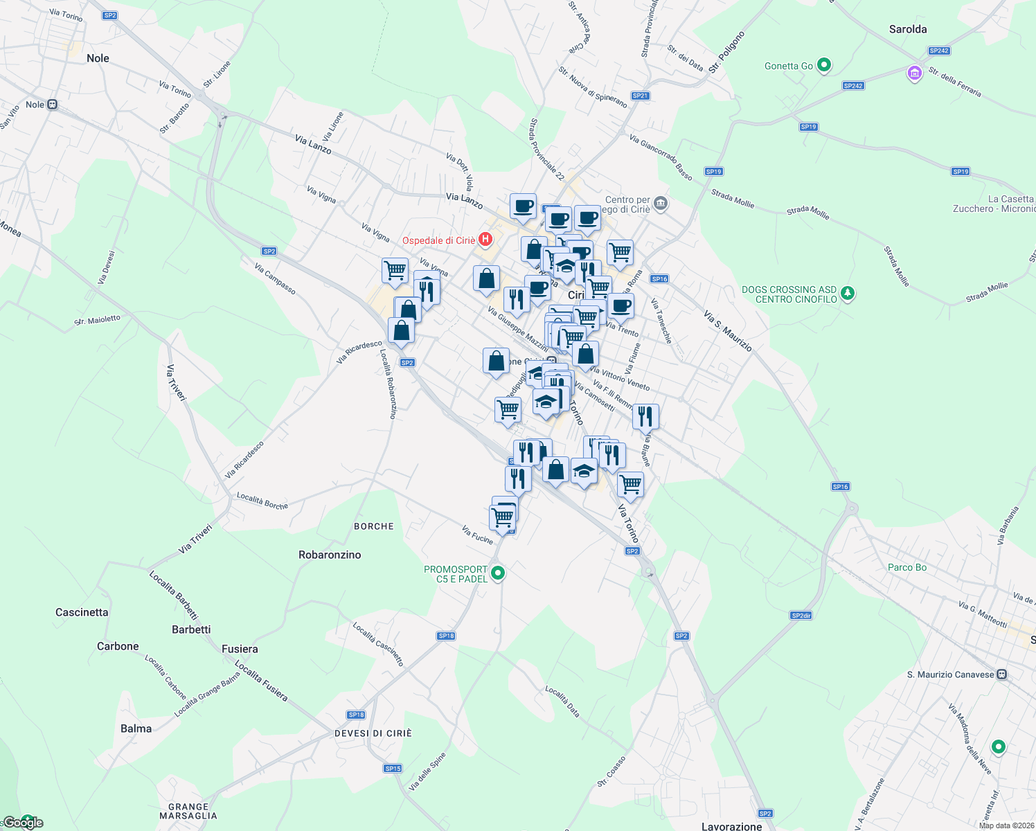 map of restaurants, bars, coffee shops, grocery stores, and more near 10 Via della Repubblica in Ciriè