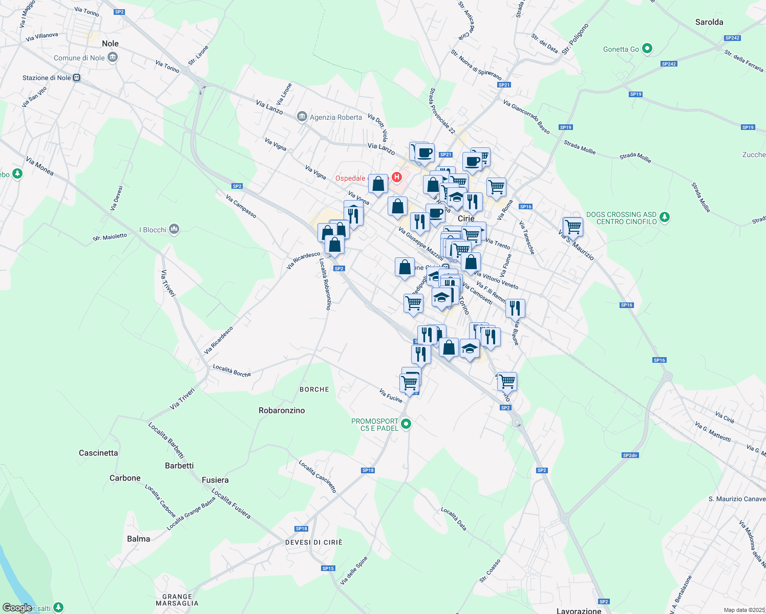 map of restaurants, bars, coffee shops, grocery stores, and more near 20 Via Fratelli Cervi in Ciriè