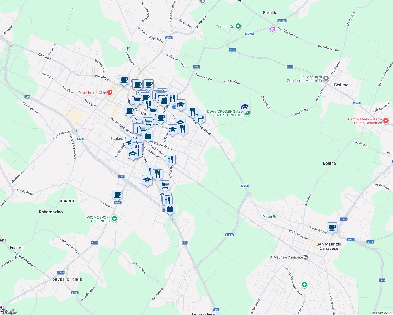 map of restaurants, bars, coffee shops, grocery stores, and more near 66 Via Alcide De Gasperi in Ciriè
