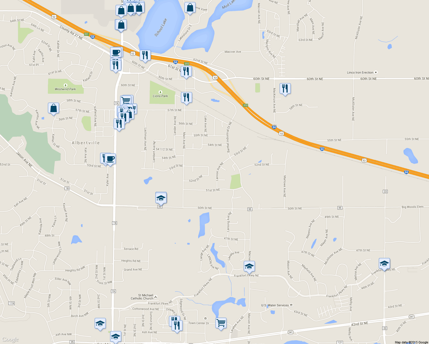 map of restaurants, bars, coffee shops, grocery stores, and more near 5225 Lannon Ave NE in Albertville
