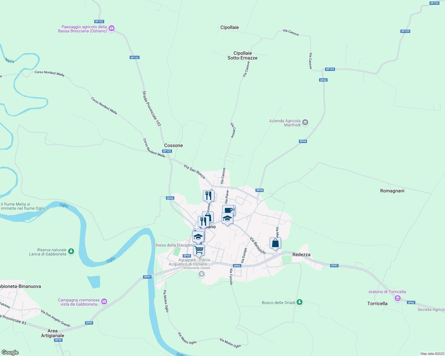 map of restaurants, bars, coffee shops, grocery stores, and more near 5 Via Canove in Ostiano