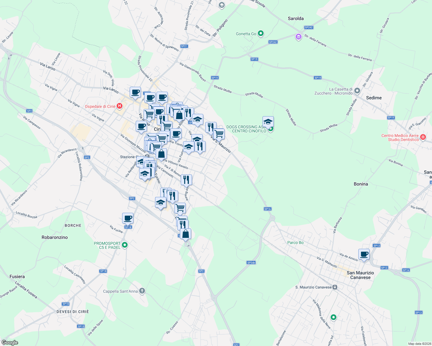 map of restaurants, bars, coffee shops, grocery stores, and more near 66 Via Alcide De Gasperi in Ciriè