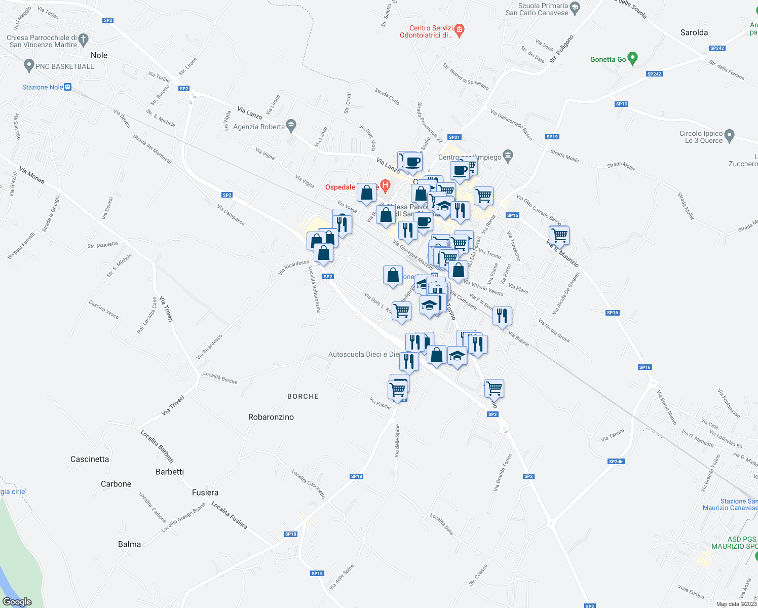 map of restaurants, bars, coffee shops, grocery stores, and more near 20 Via Fratelli Cervi in Ciriè