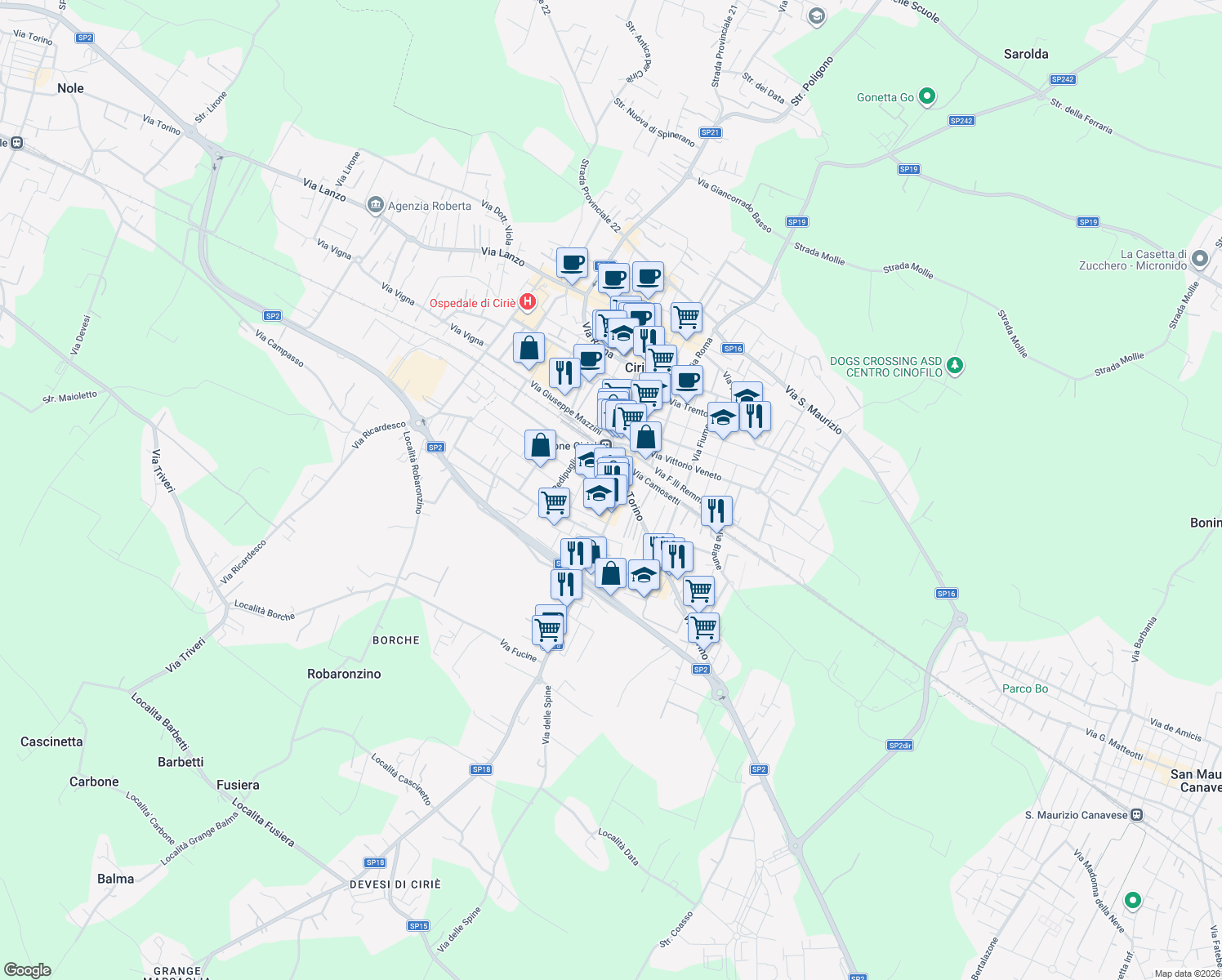 map of restaurants, bars, coffee shops, grocery stores, and more near 26 Via Giacomo Leopardi in Carmagnola