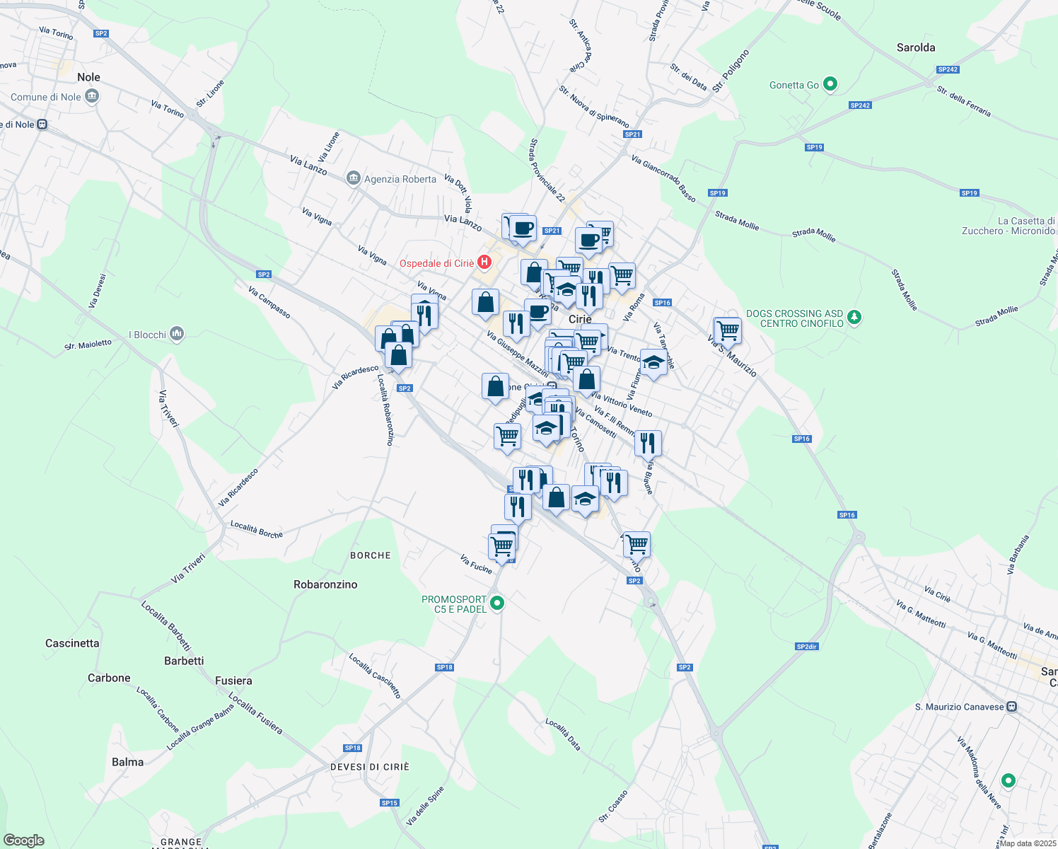 map of restaurants, bars, coffee shops, grocery stores, and more near 10 Via della Repubblica in Ciriè